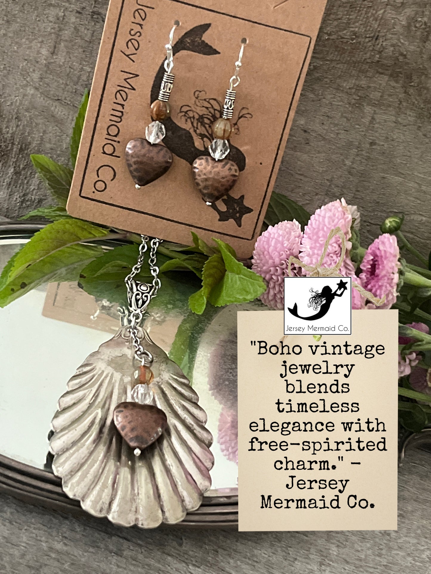 Boho Vintage Sugar Spoon Bowl Pendant and Earring set.
