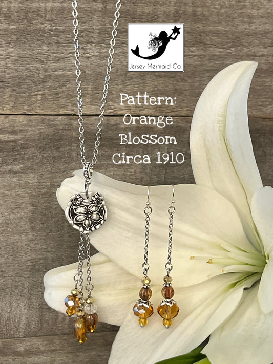 Orange Blossom Pattern, Circa 1910 Necklace and Earring set-Amber colored beads