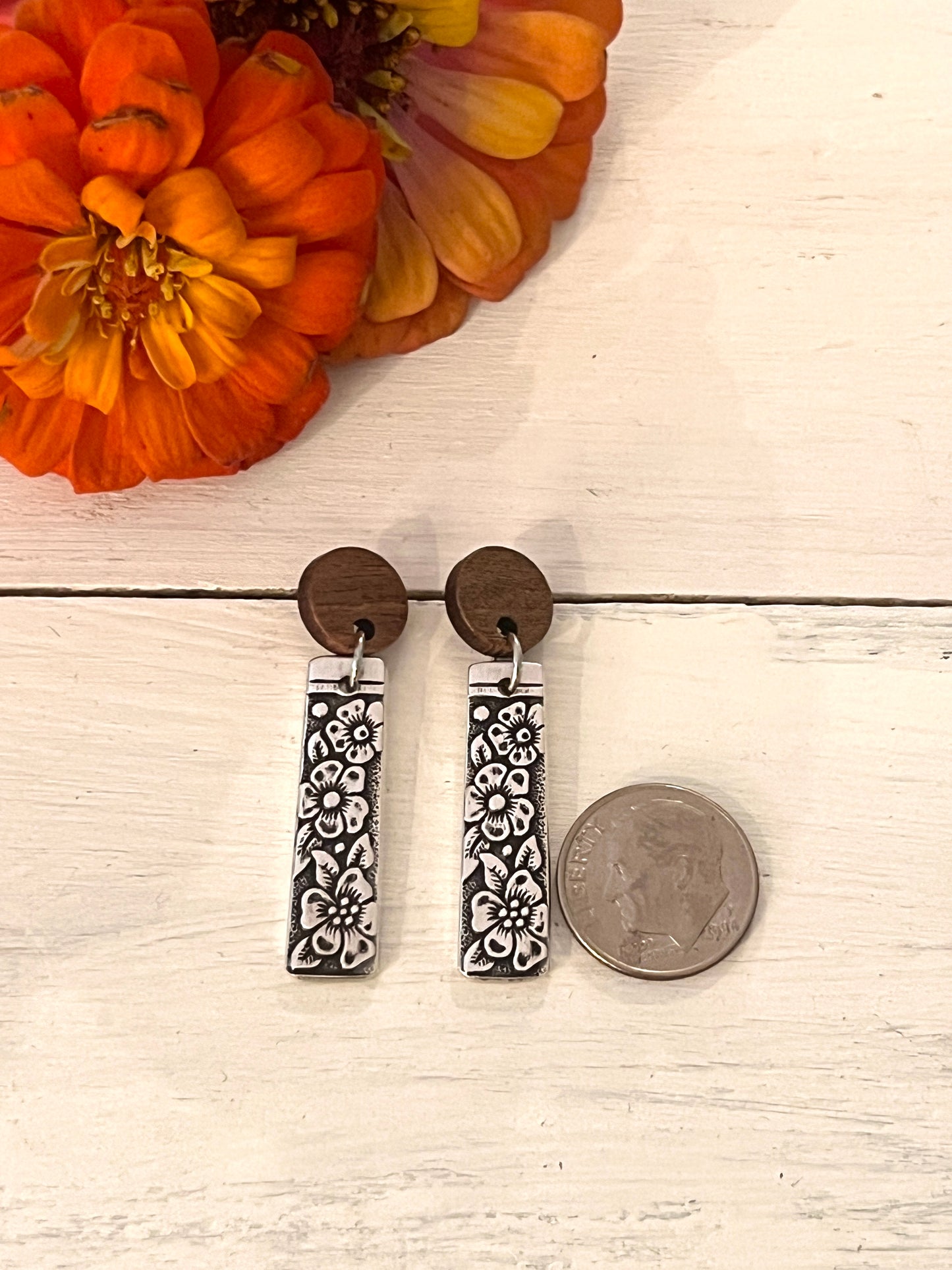 Earrings : walnut posts- Venetian Garden , Vintage 1971