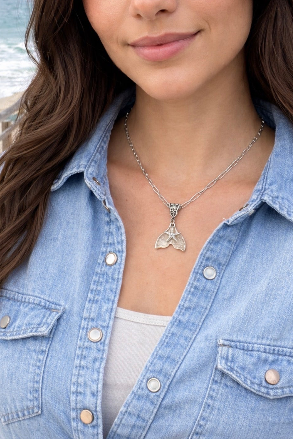 Mermaid/Whale Tail Necklace Hammered texture with starfish charm on a stainless paperclip style chain.