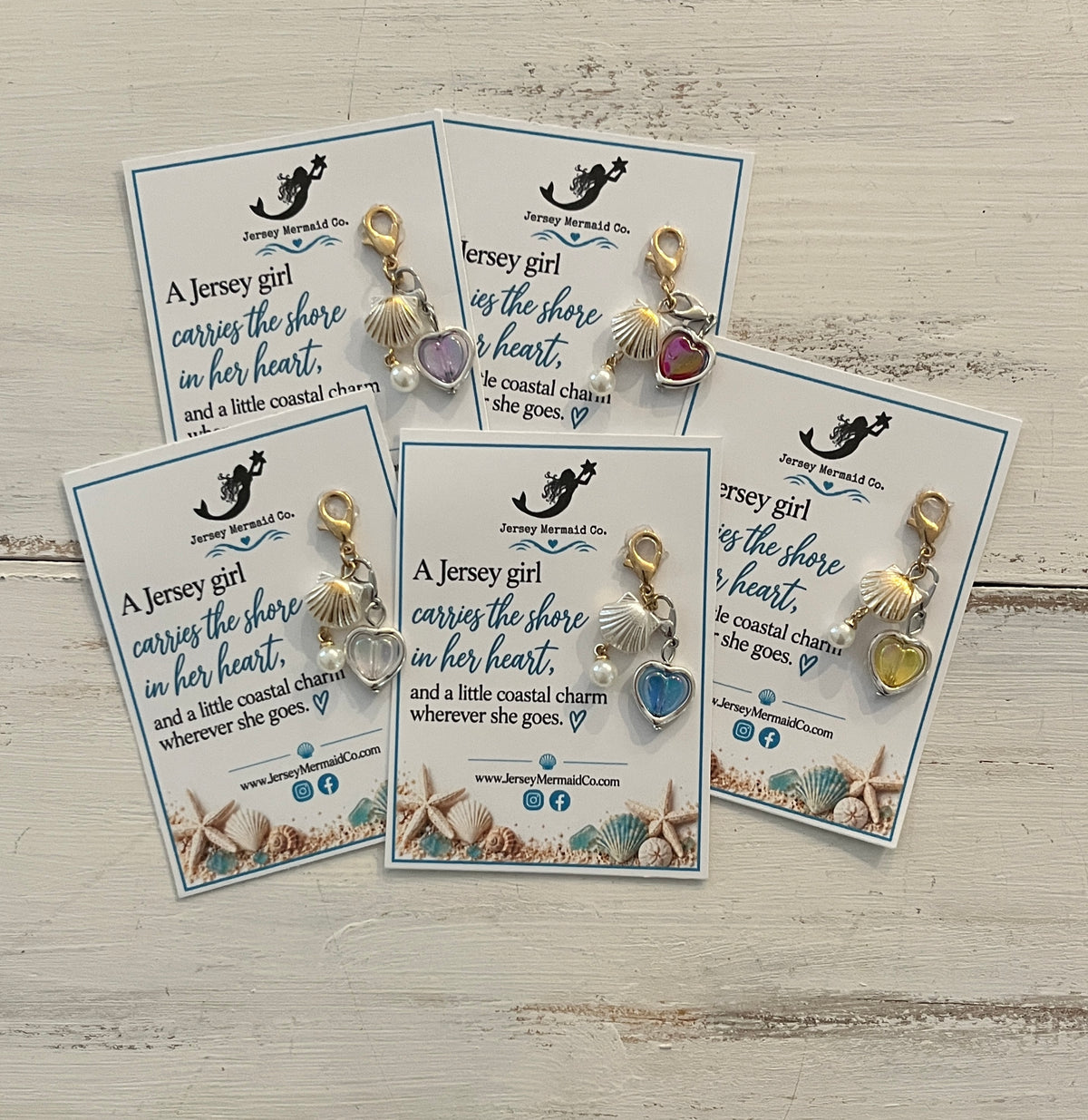 Jersey Girl clip on Charms- gold/white shell with hanging pearl and heart charm