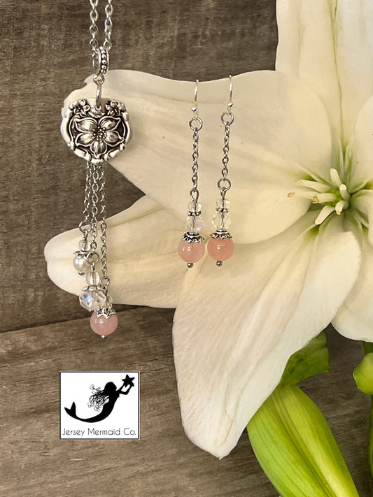 Orange Blossom Pattern, Circa 1910 Necklace and Earring set-Pink colored beads