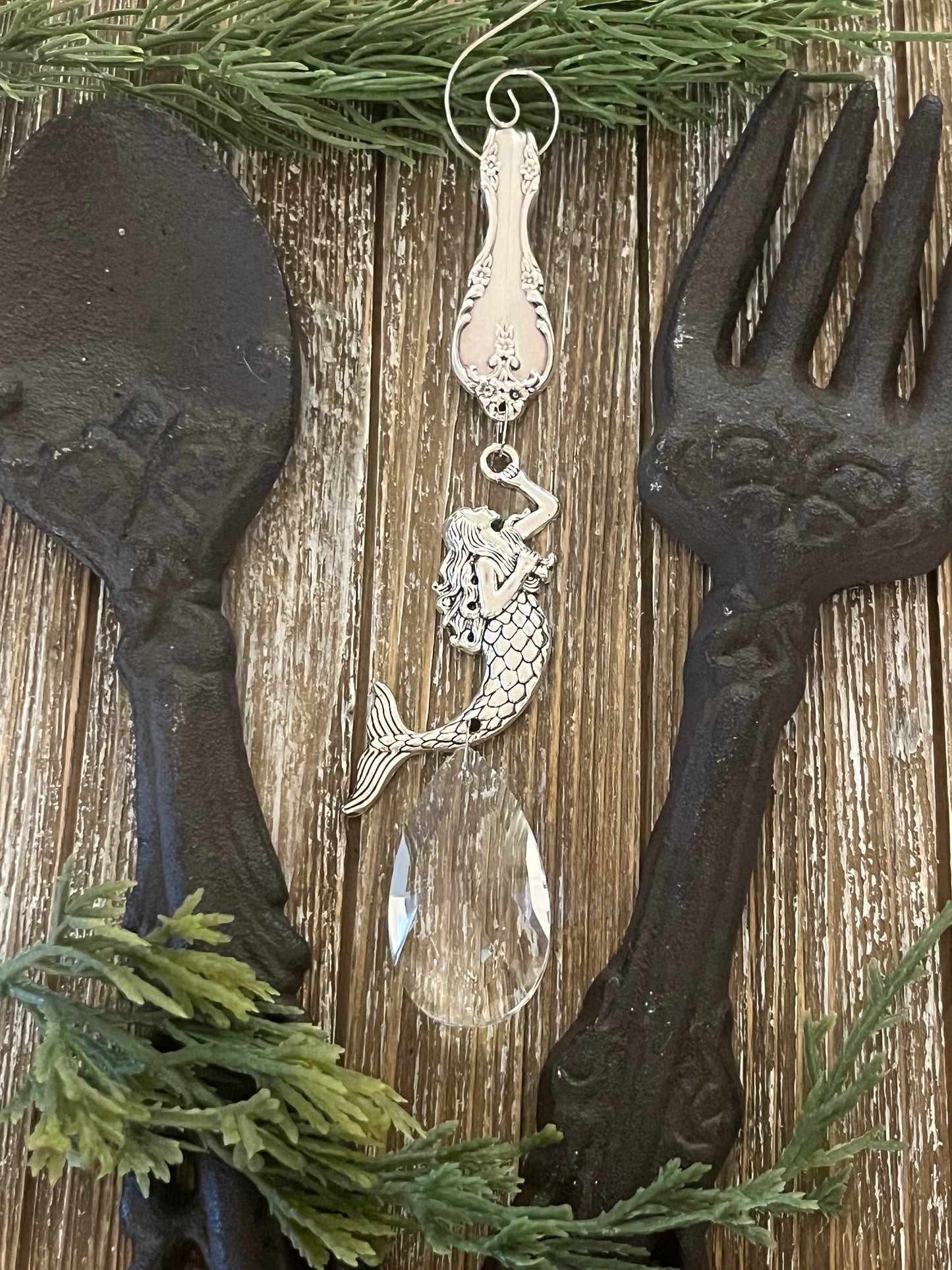 Mermaid -Vintage Silverware Ornament with Large crystal