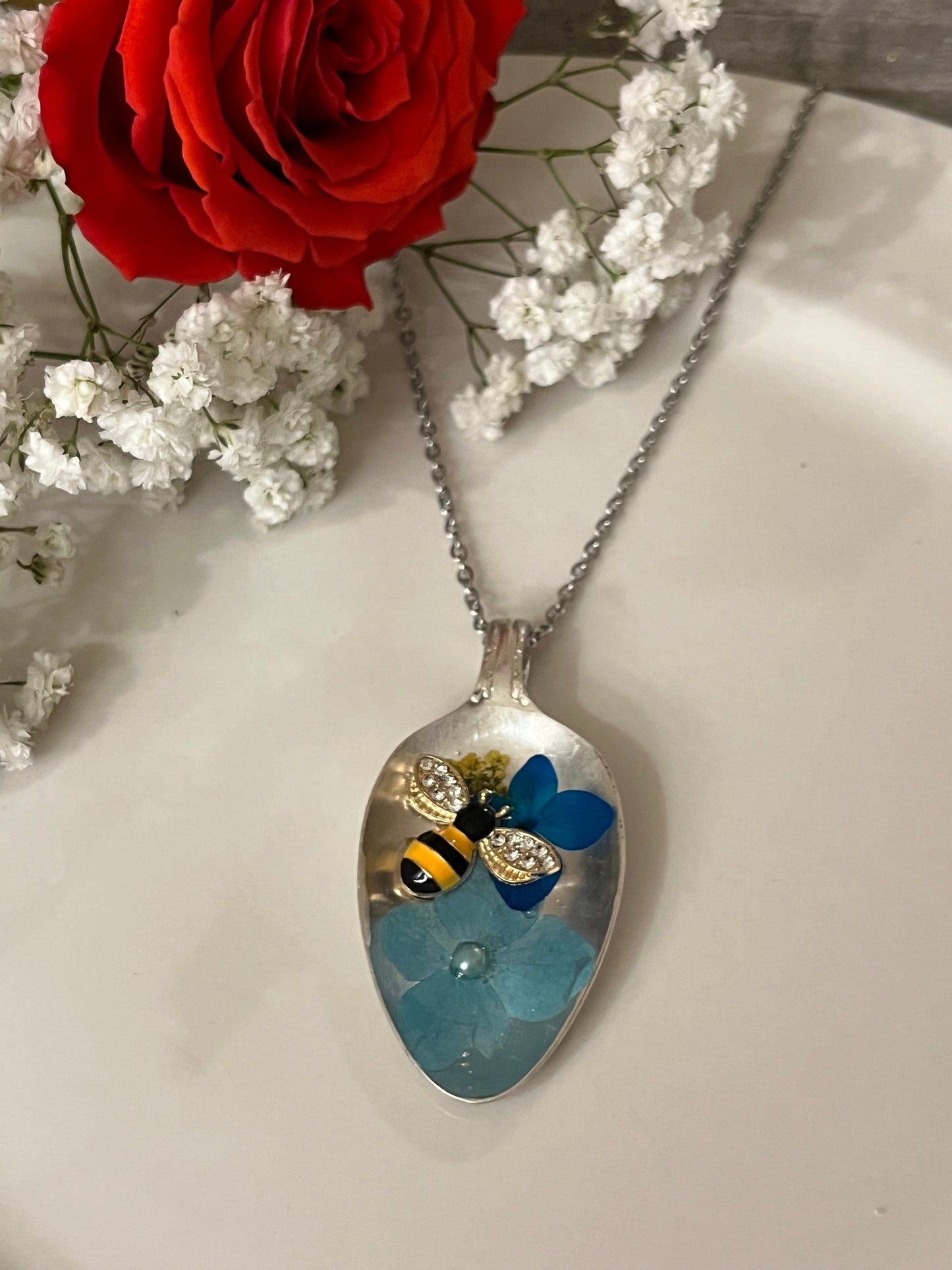 Resin Pendant -Fuchsia Flower with Bee