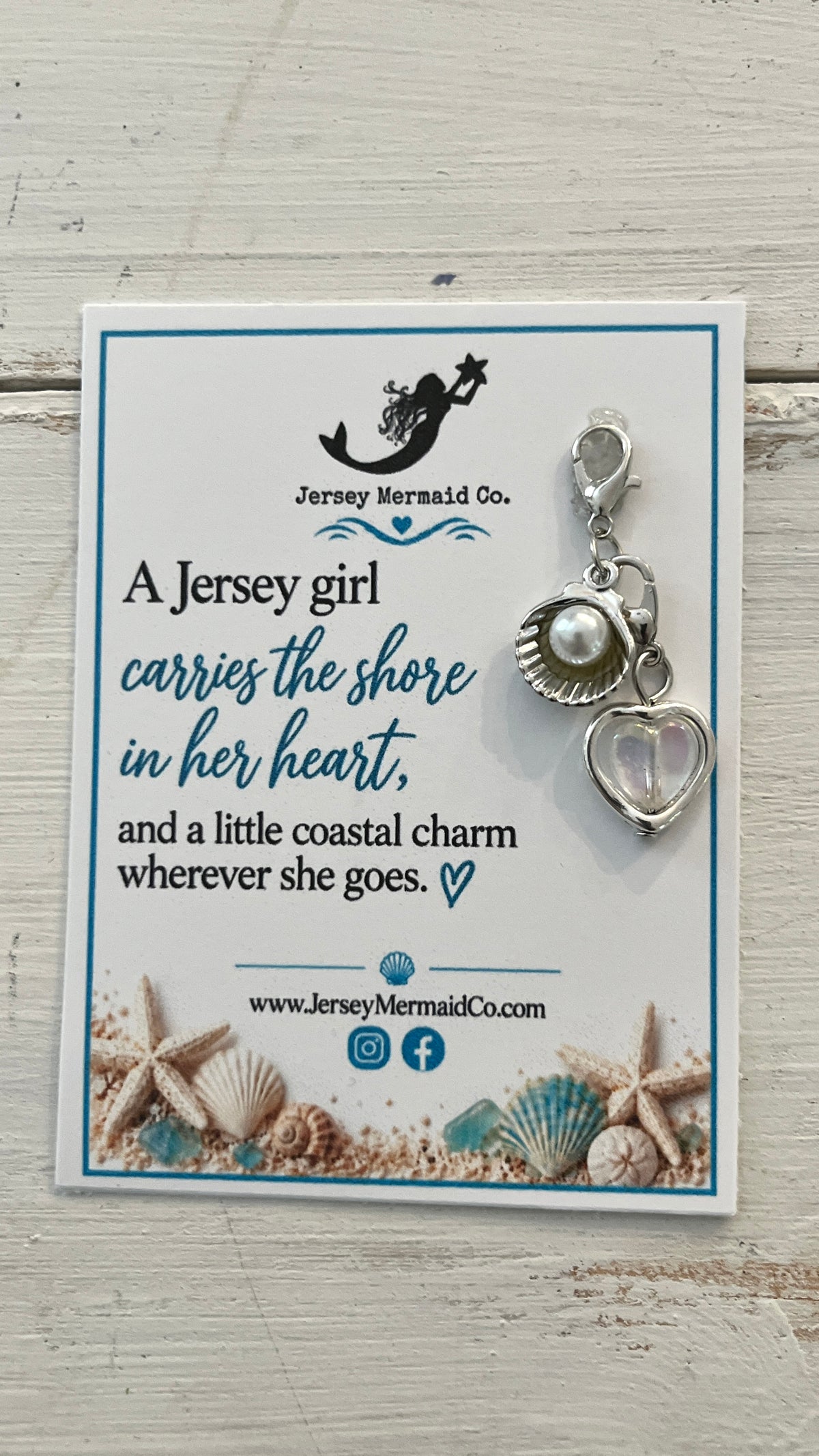 Jersey Girl clip on Charms- silver shell with pearl and heart charm