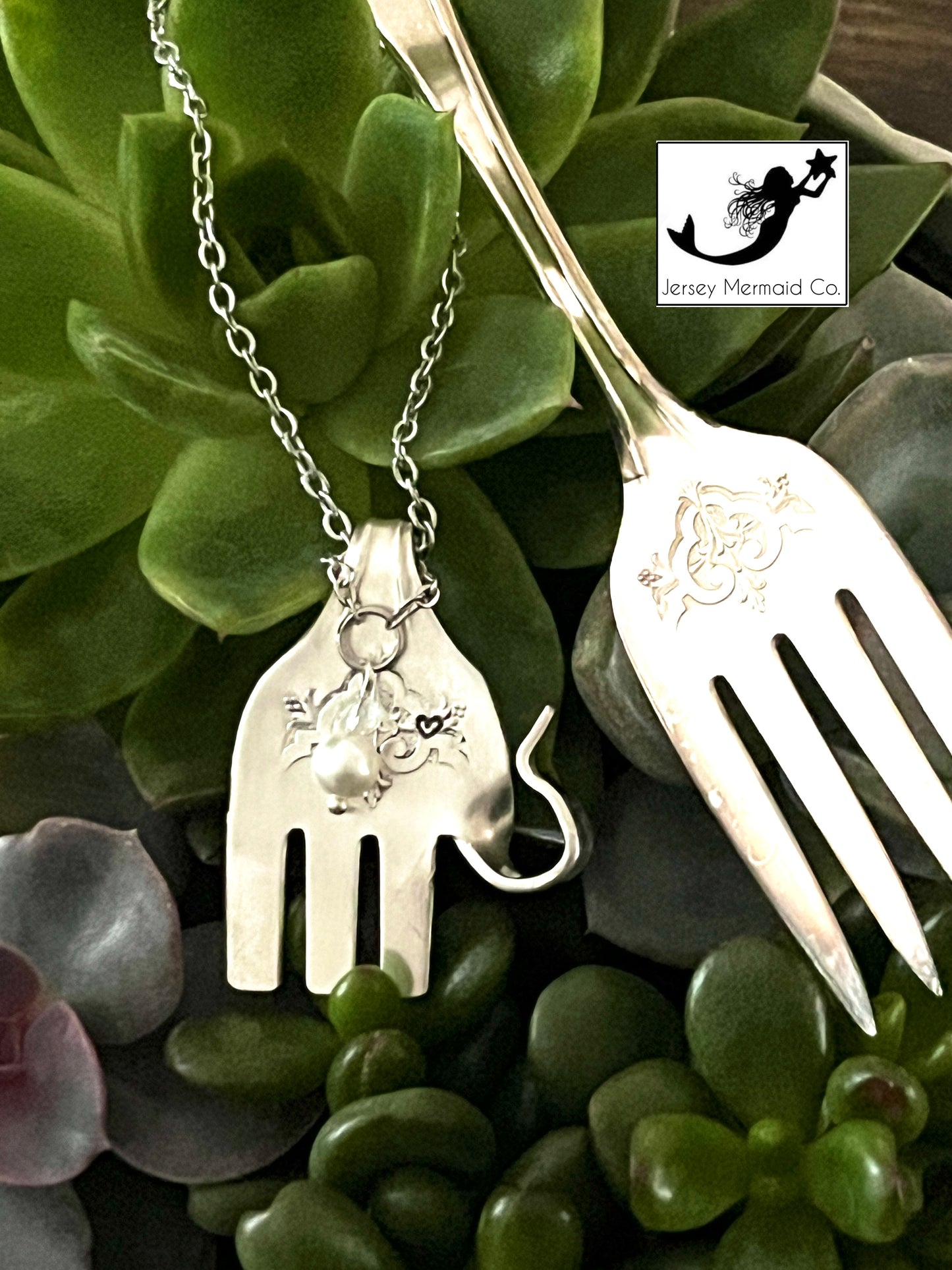 Elephant  Fork Pendant with pearl-like beads