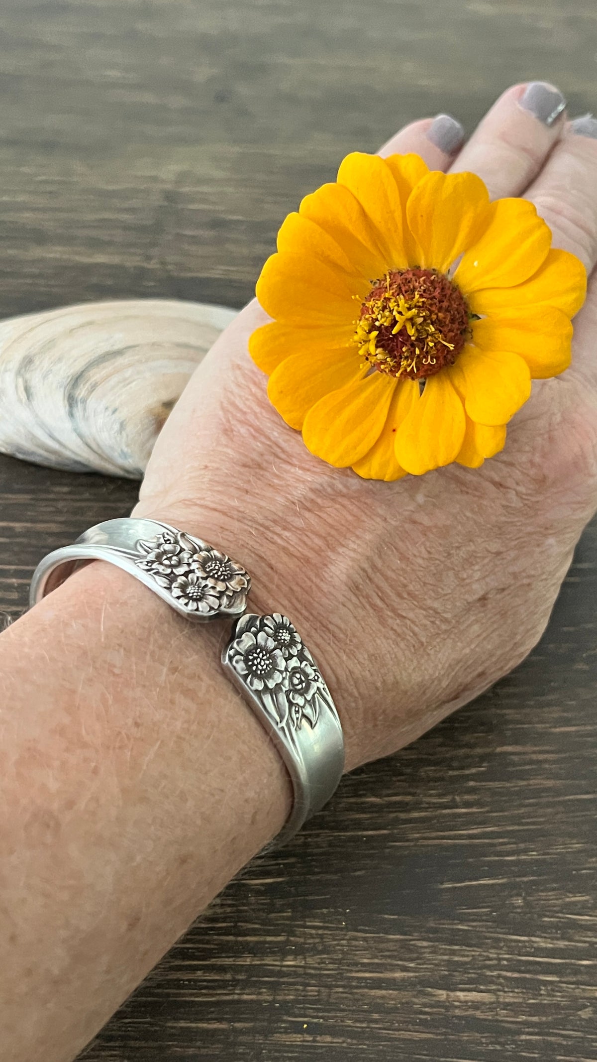 Custom order: Denise Sunflower- hinged bracelet Pattern: April, Vintage 1950