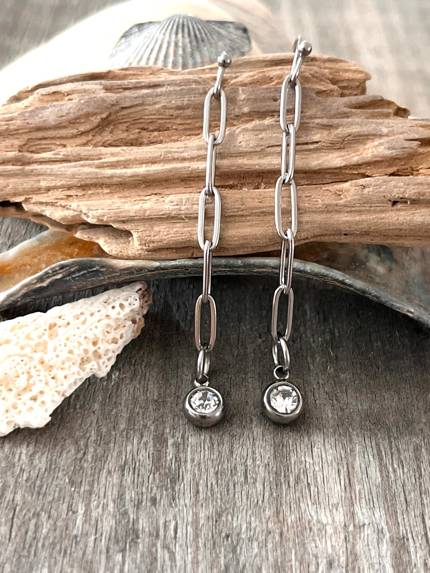 Paper Clip chain Earrings with crystal charms- Ultra Lightweight