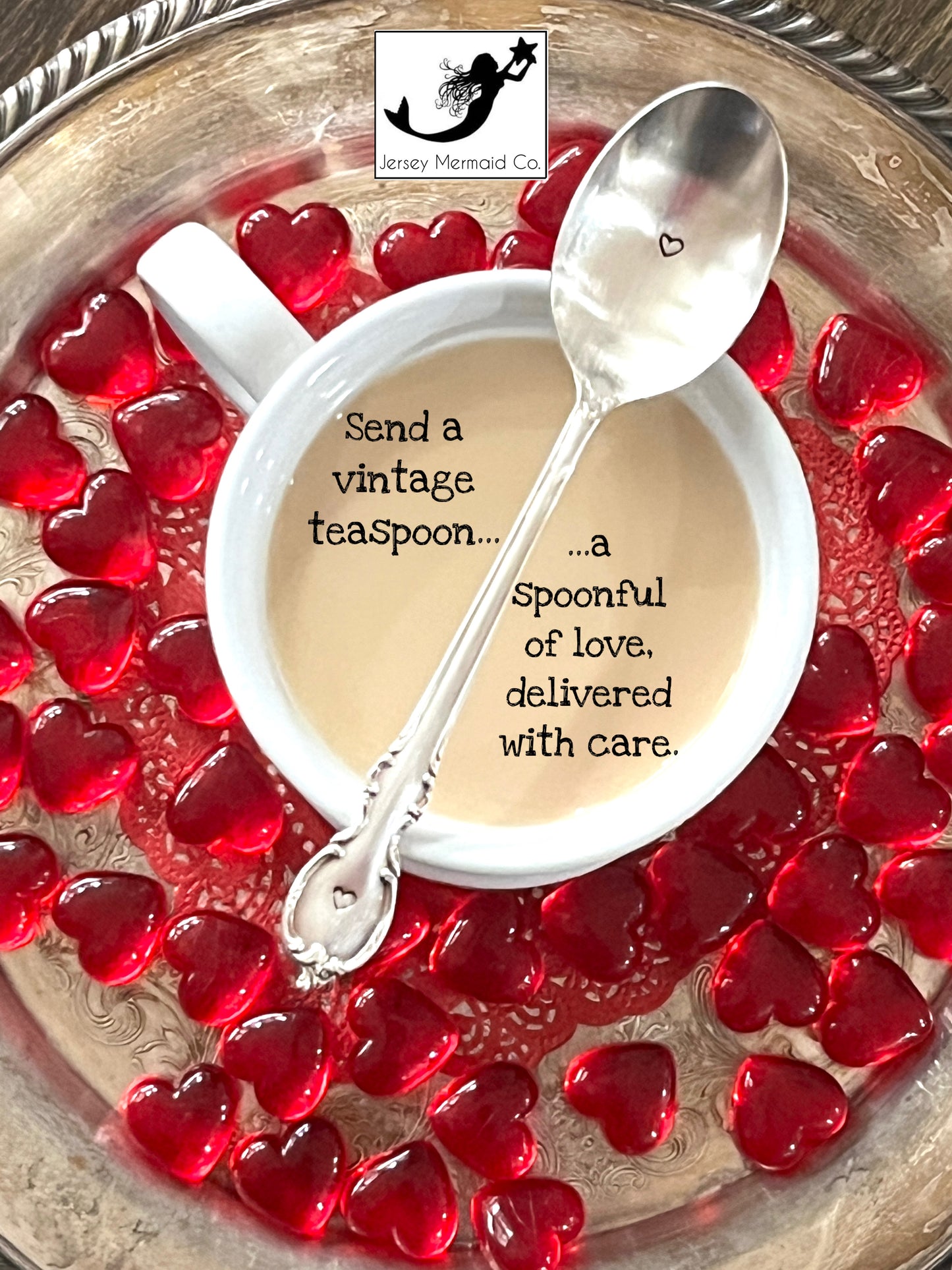 2 ( TWO) Hand-Stamped Vintage Silverware Teaspoons with a heart