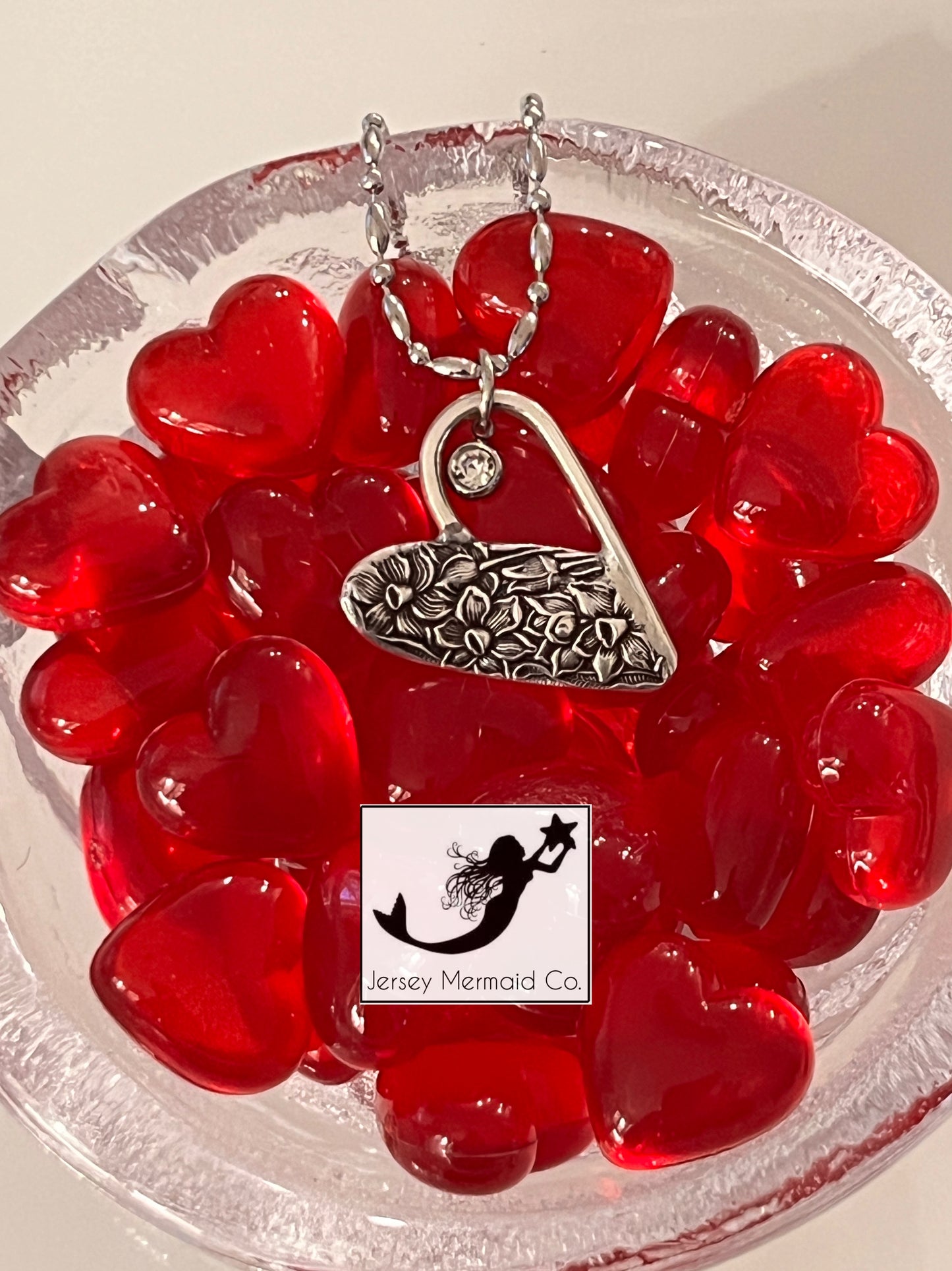 Narcisuss Heart Pendant with small crystal charm Silver Plated-Vintage 1935.