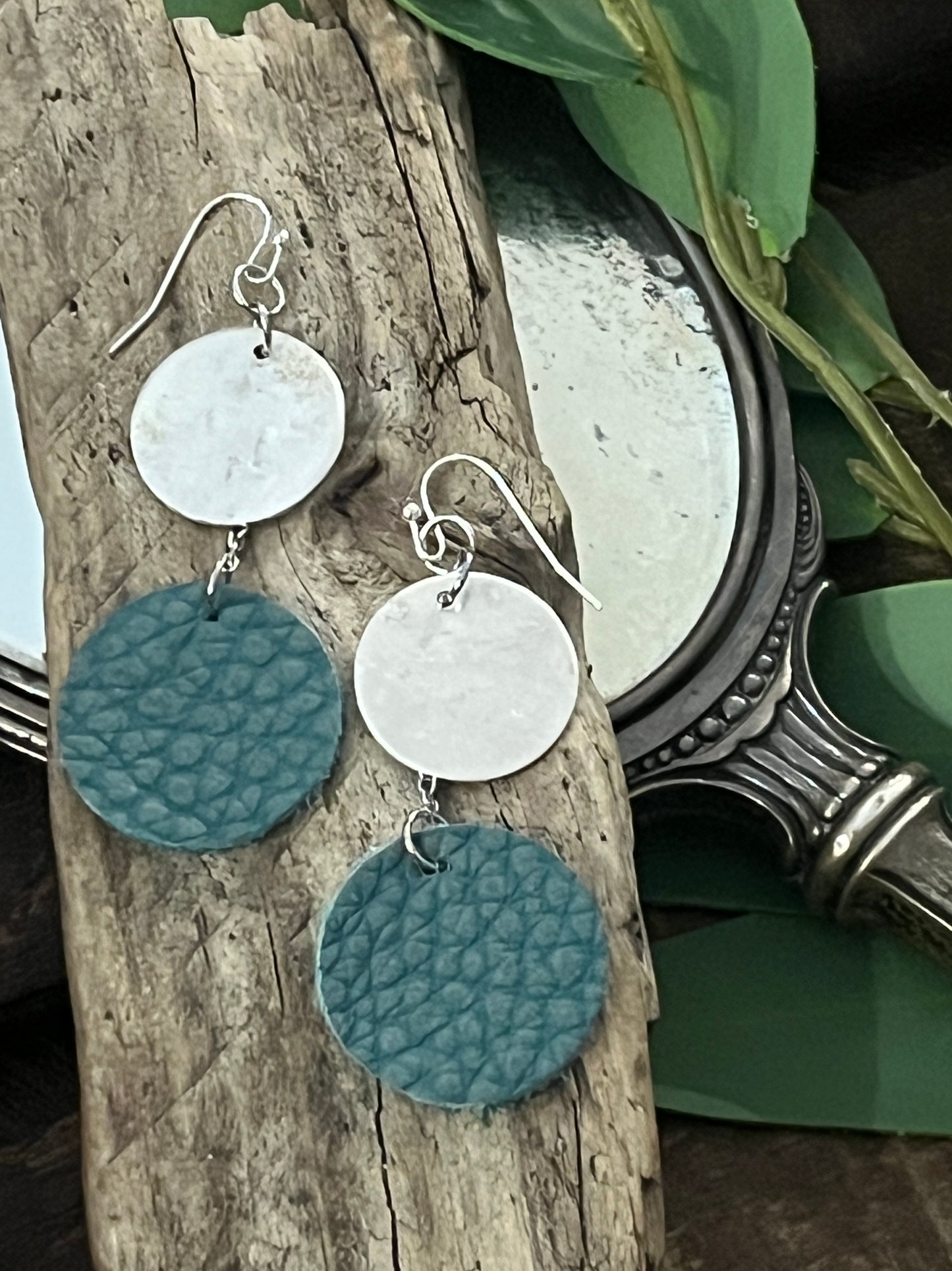 Genuine Pebble Leather & Silverware Earrings - Lighweight