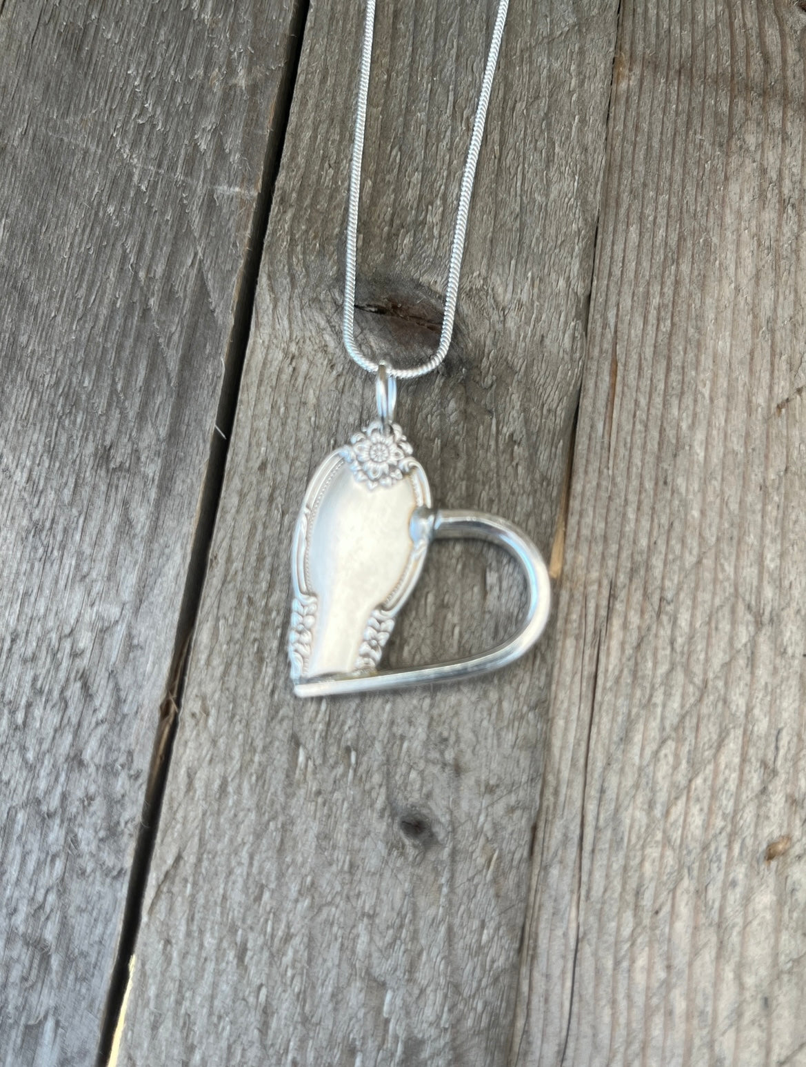 Eyeglass holder- Soldered Fork tine Heart Pendant with chain - Pattern: Remembrance -Vintage 1948