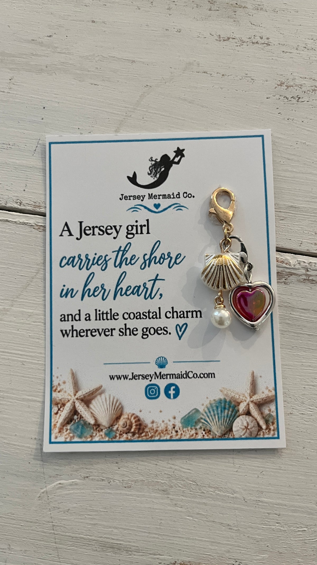 Jersey Girl clip on Charms- gold/white shell with hanging pearl and heart charm