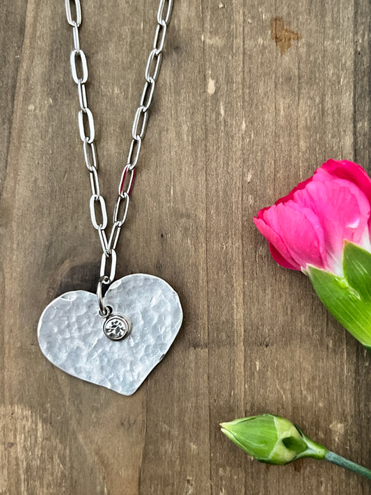 Heart -with Crystal charm- Hammered texture neckkace