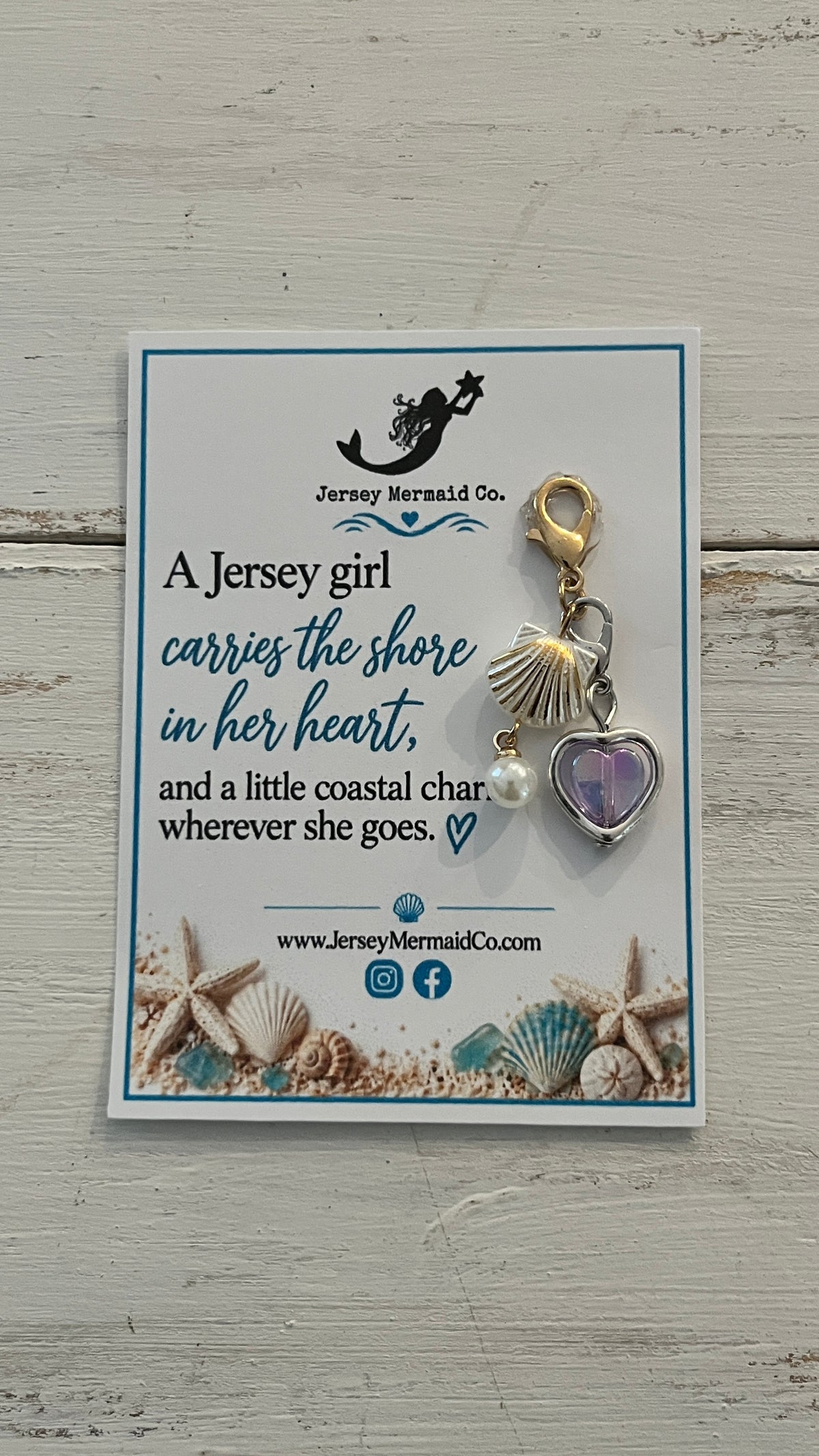 Jersey Girl clip on Charms- gold/white shell with hanging pearl and heart charm