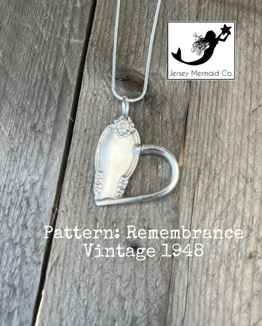 Soldered Fork tine Heart Pendant with chain - Pattern: Remembrance -Vintage 1948