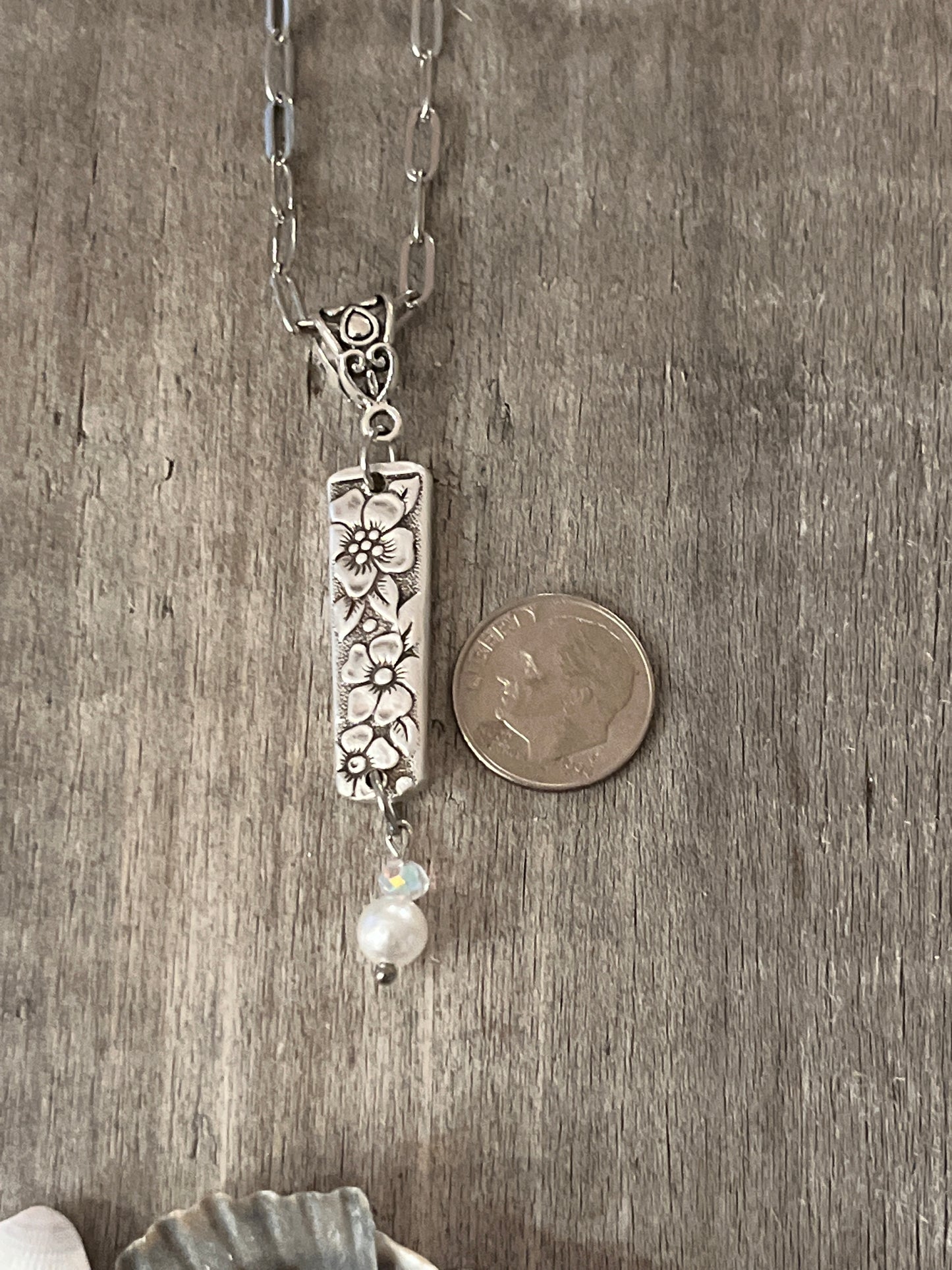 Necklace- Pattern: Venetian Garden, Vintage 1971 with faux pearl hanging from end of pendant