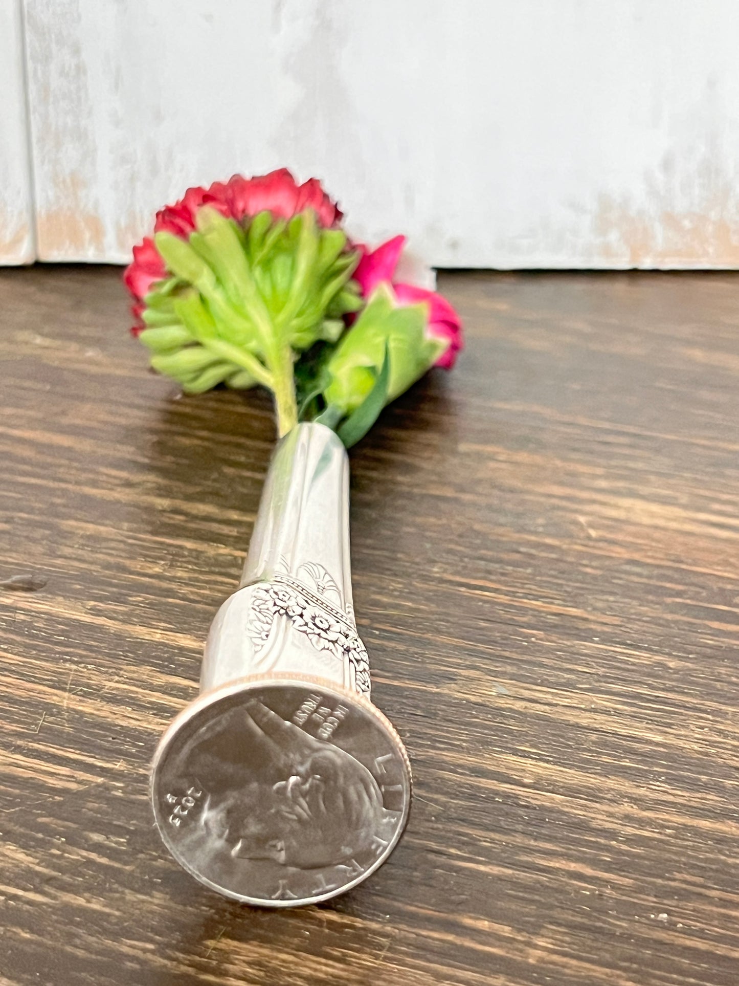 Bud Vase soldered onto a Quarter.  Pattern: Her Majesty , Vintage 1931