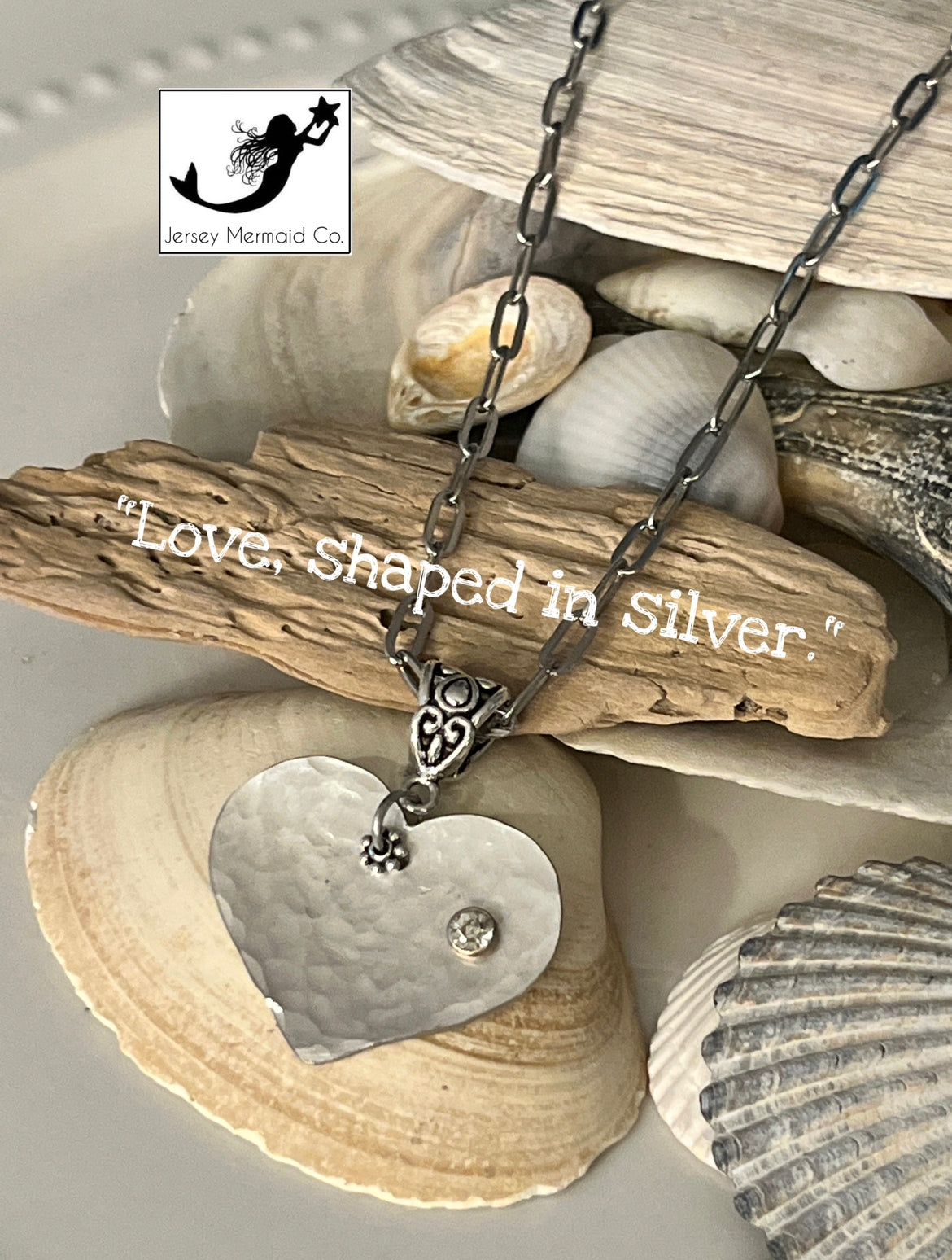 Hammered Heart Pendant with crystal rivet