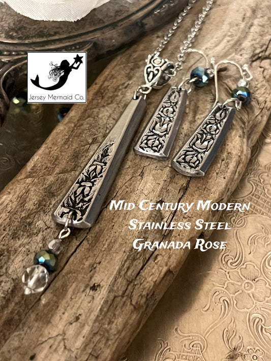 Stainless Steel pattern: Granada Rose, Mid Century Modern- Necklace and Earring set.
