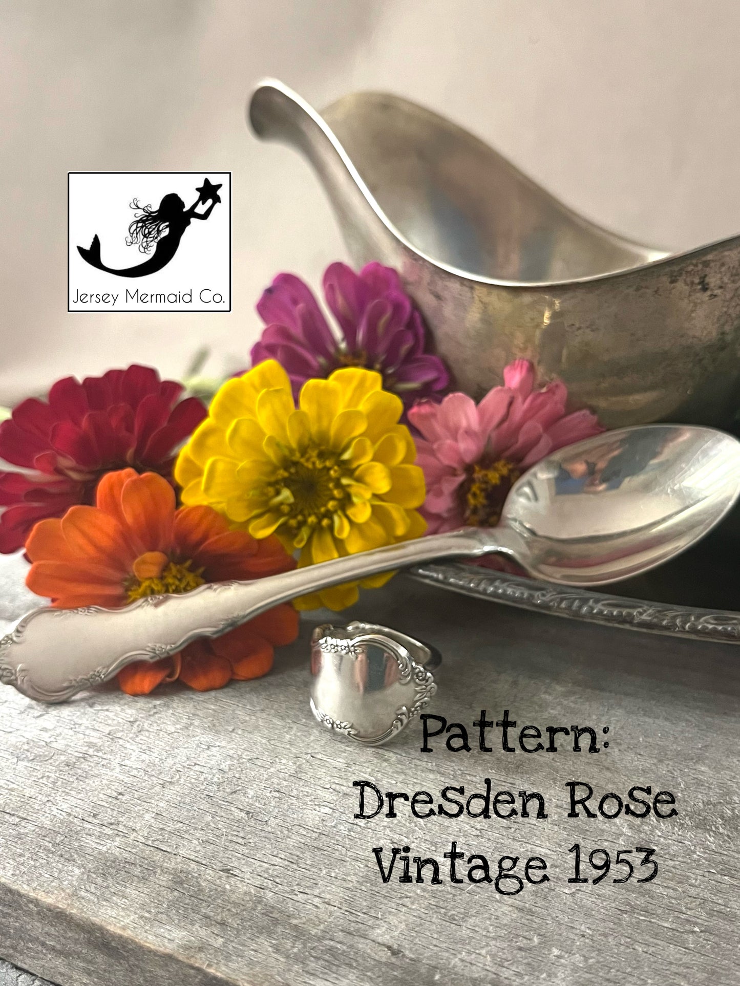 Dresden Rose Teaspoon Spoon Ring- Vintage 1953