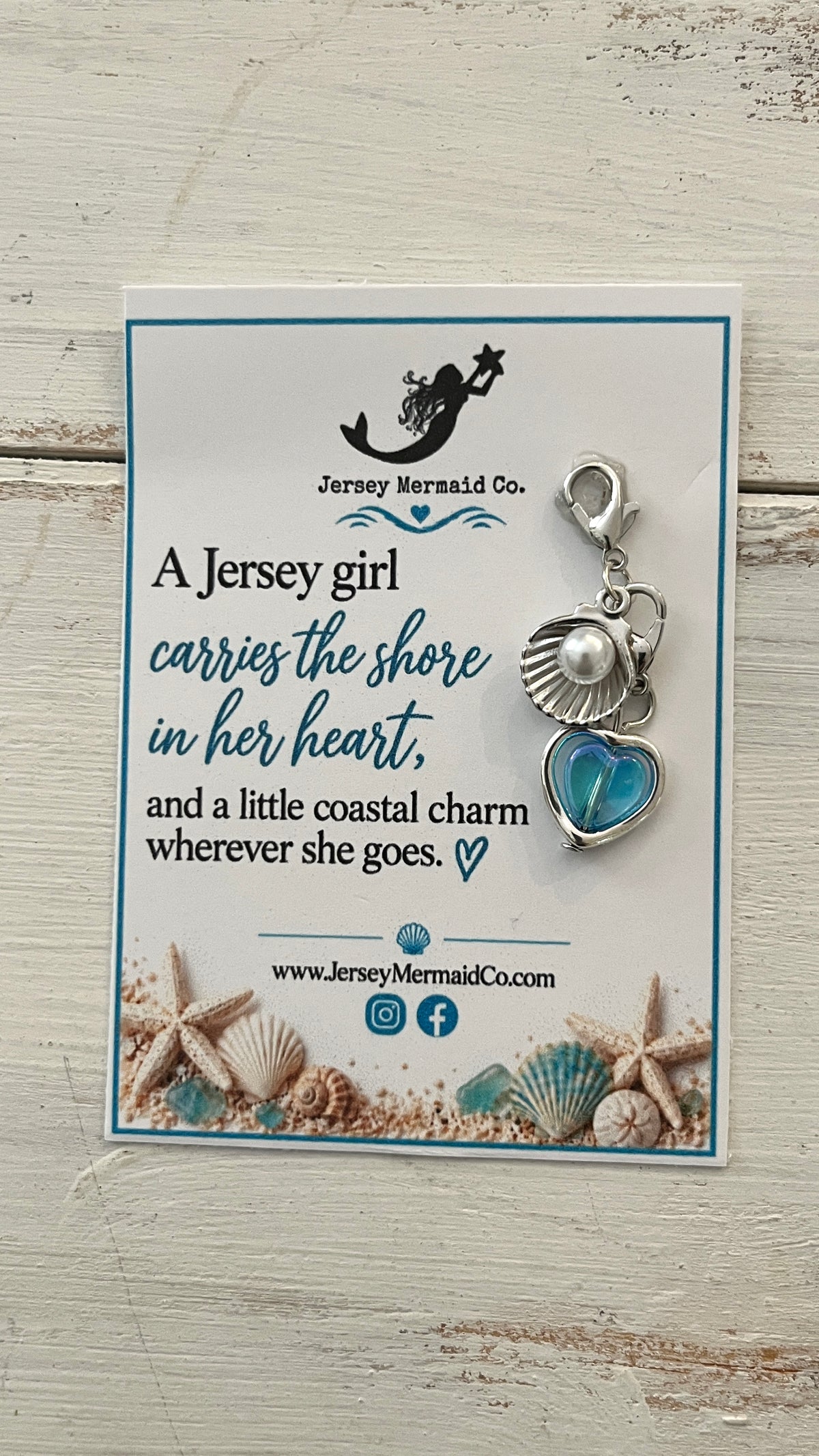 Jersey Girl clip on Charms- silver shell with pearl and heart charm
