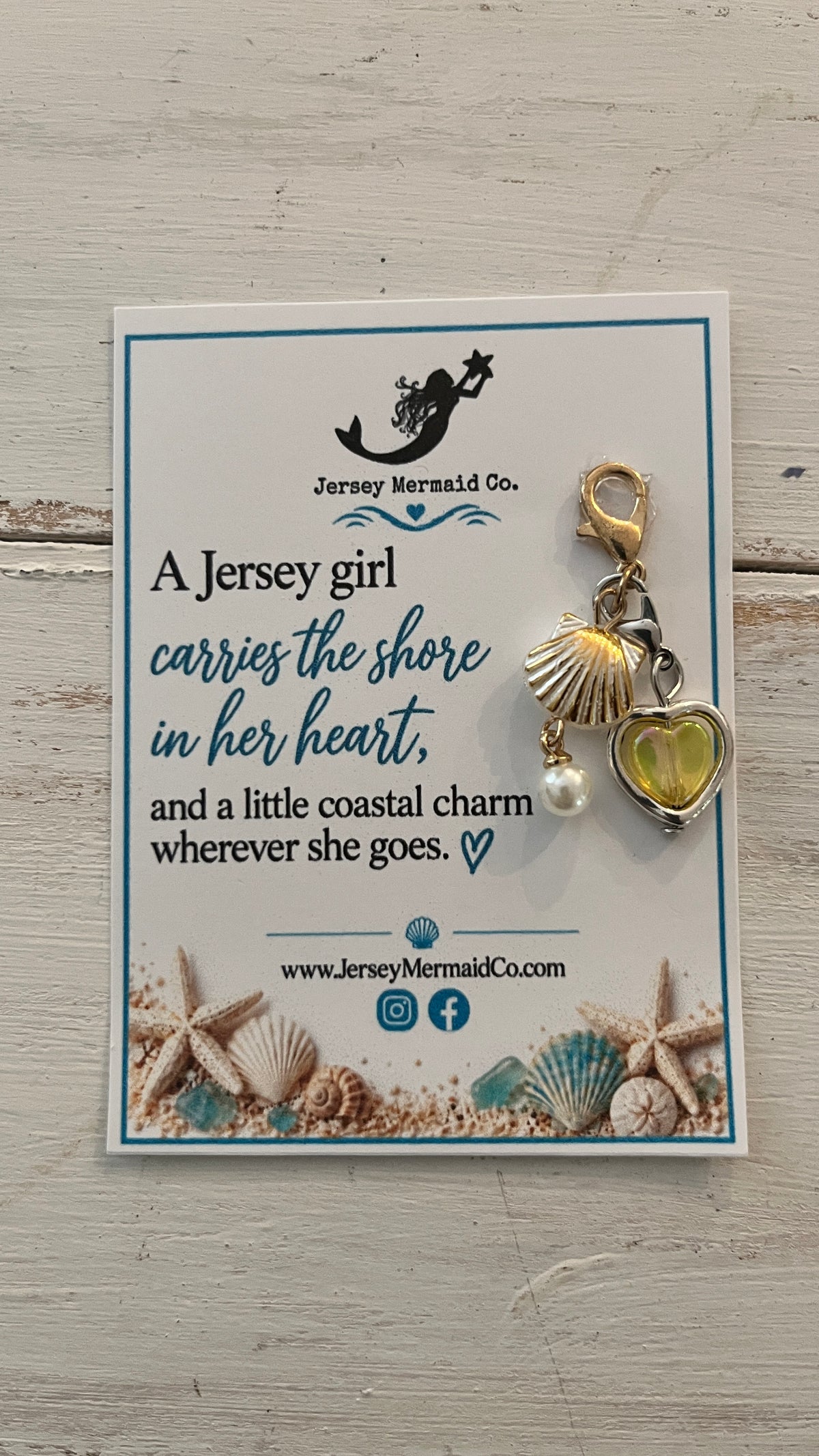 Jersey Girl clip on Charms- gold/white shell with hanging pearl and heart charm