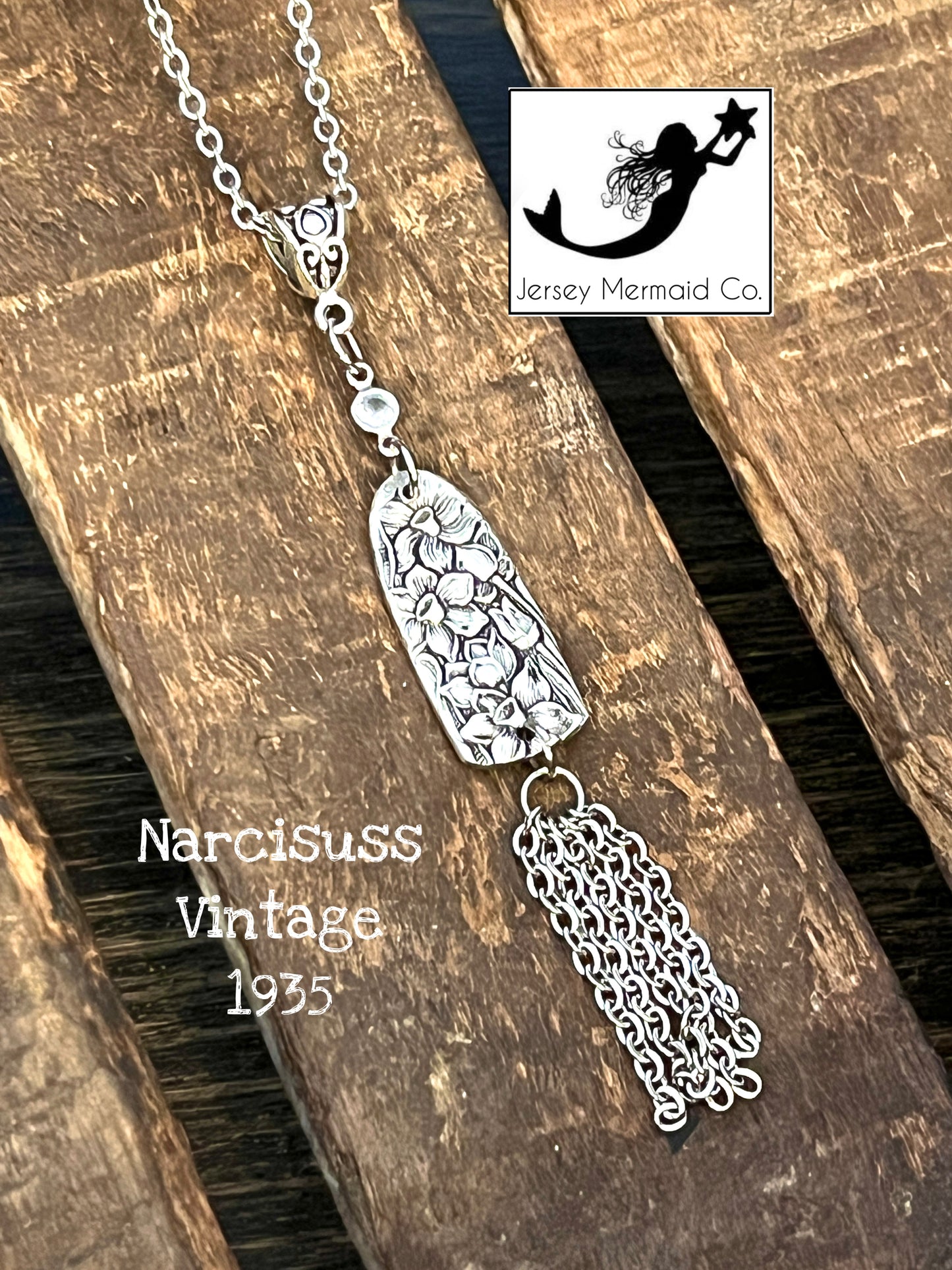 Narcisuss Pendant with small crystal and stainless chain pieces.  Silver Plated-Vintage 1935.