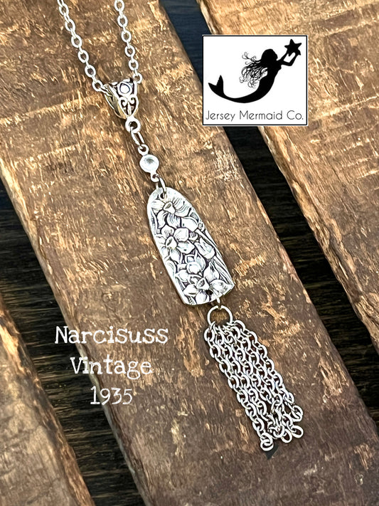 Narcisuss Pendant with small crystal and stainless chain pieces.  Silver Plated-Vintage 1935.