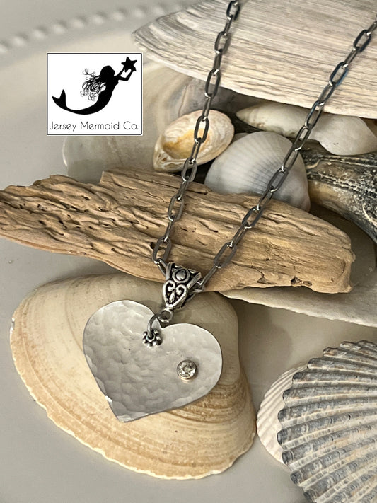Hammered Heart Pendant with crystal rivet