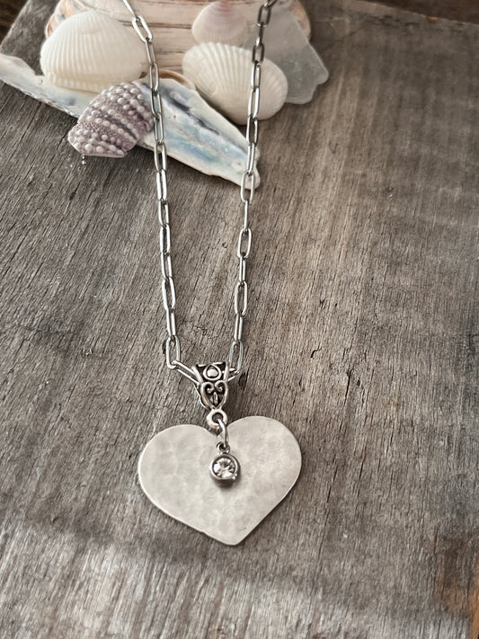 Hammered Heart Pendant with hanging crystal charm