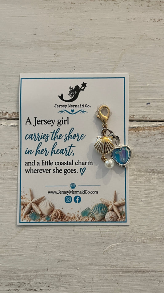 Jersey Girl clip on Charms- gold/white shell with hanging pearl and heart charm
