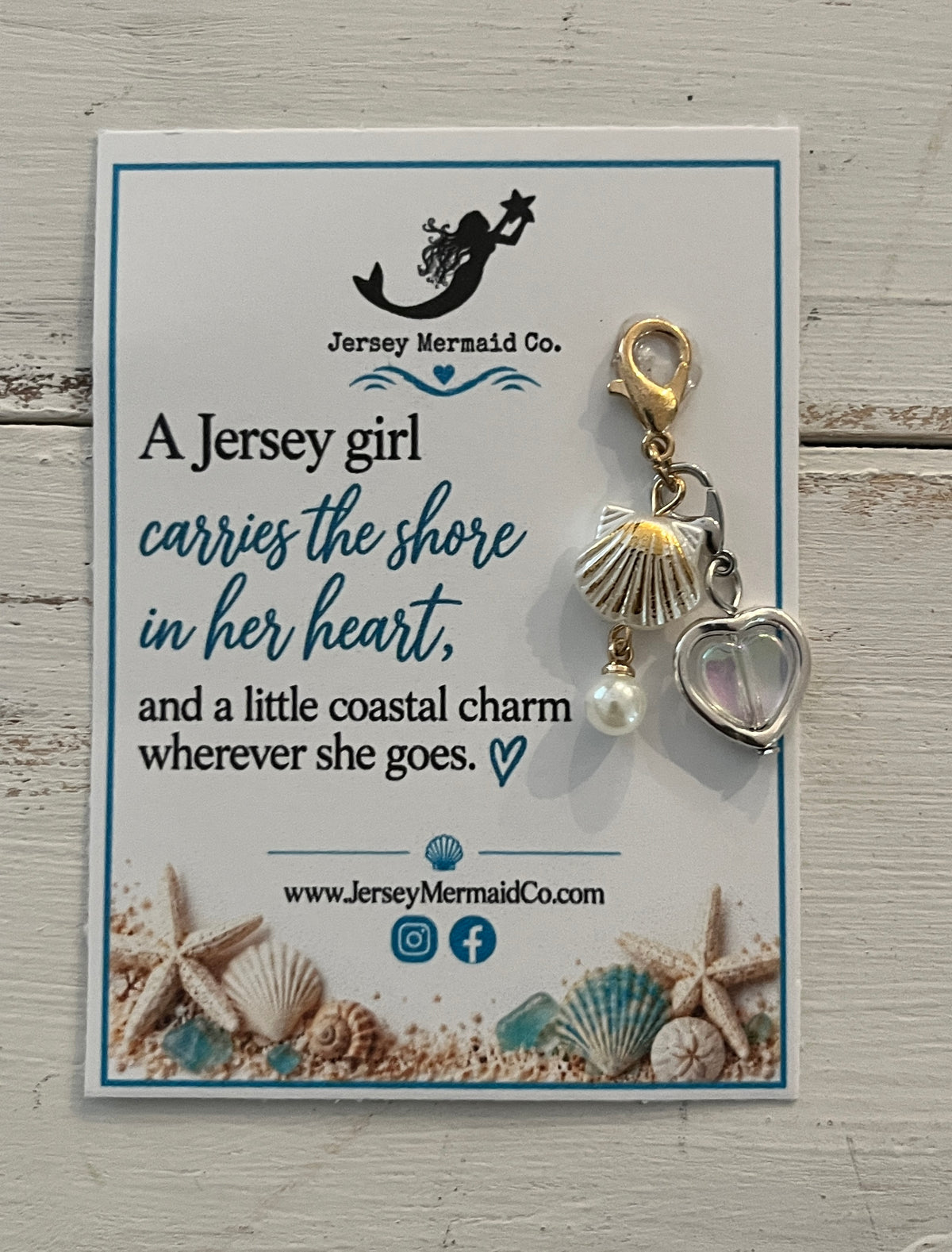 Jersey Girl clip on Charms- gold/white shell with hanging pearl and heart charm