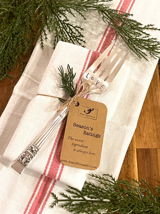 Serving Fork Hand Stamped with the word LOVE. A heart is stamped instead of the “O”.