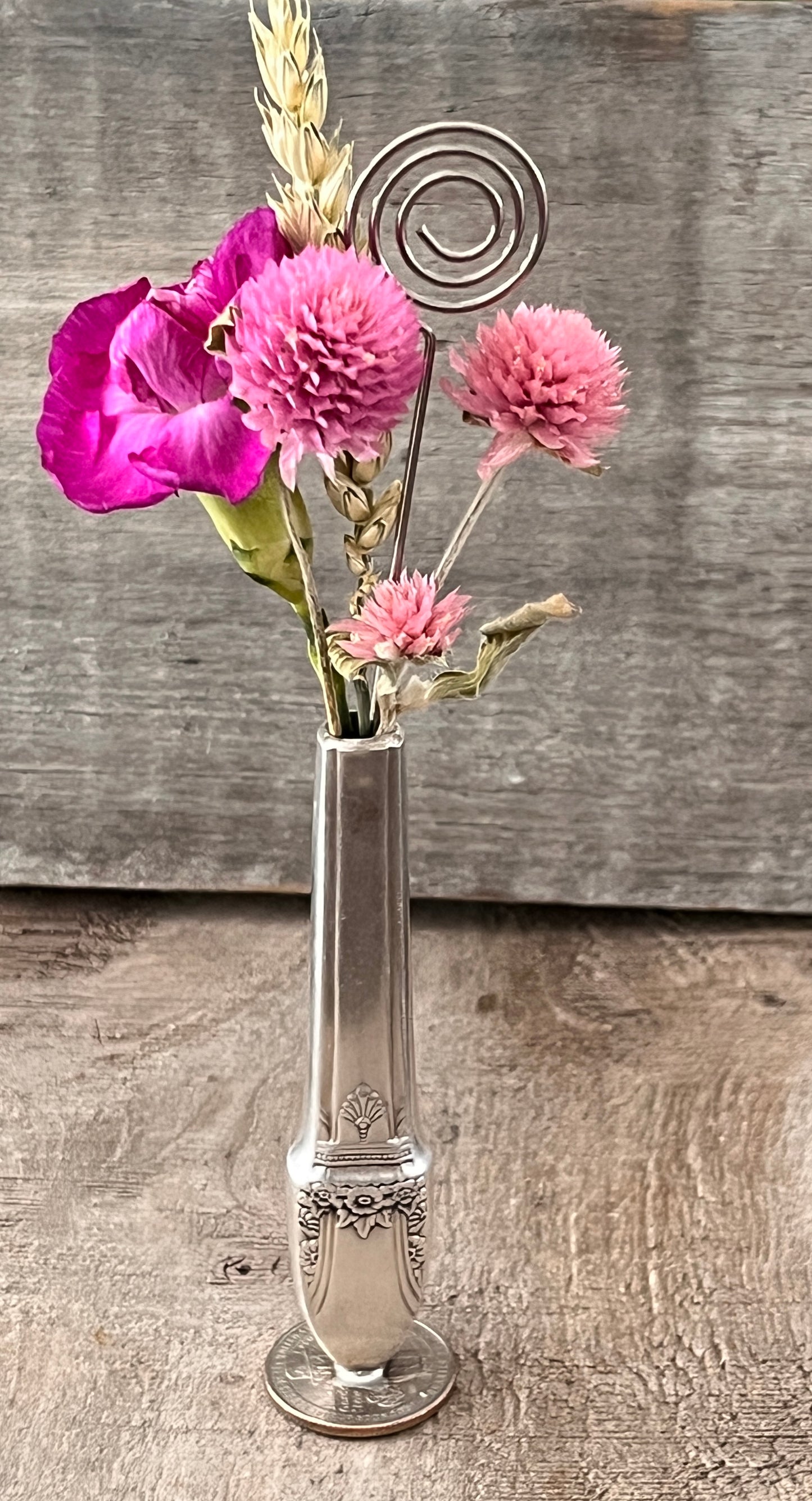 Bud Vase Soldered onto a Quarter.  Pattern: First Love, Vintage 1937