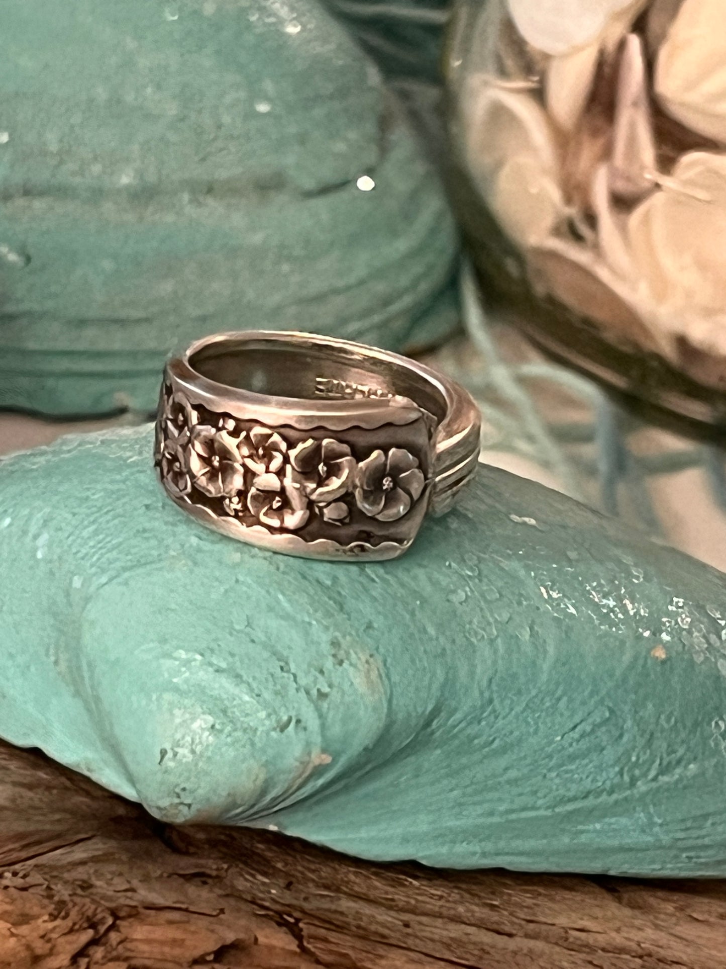 Floral -Gailstyn  Spoon Ring- Vintage Mid Century ( tip 0f handle cut off and shaped)
