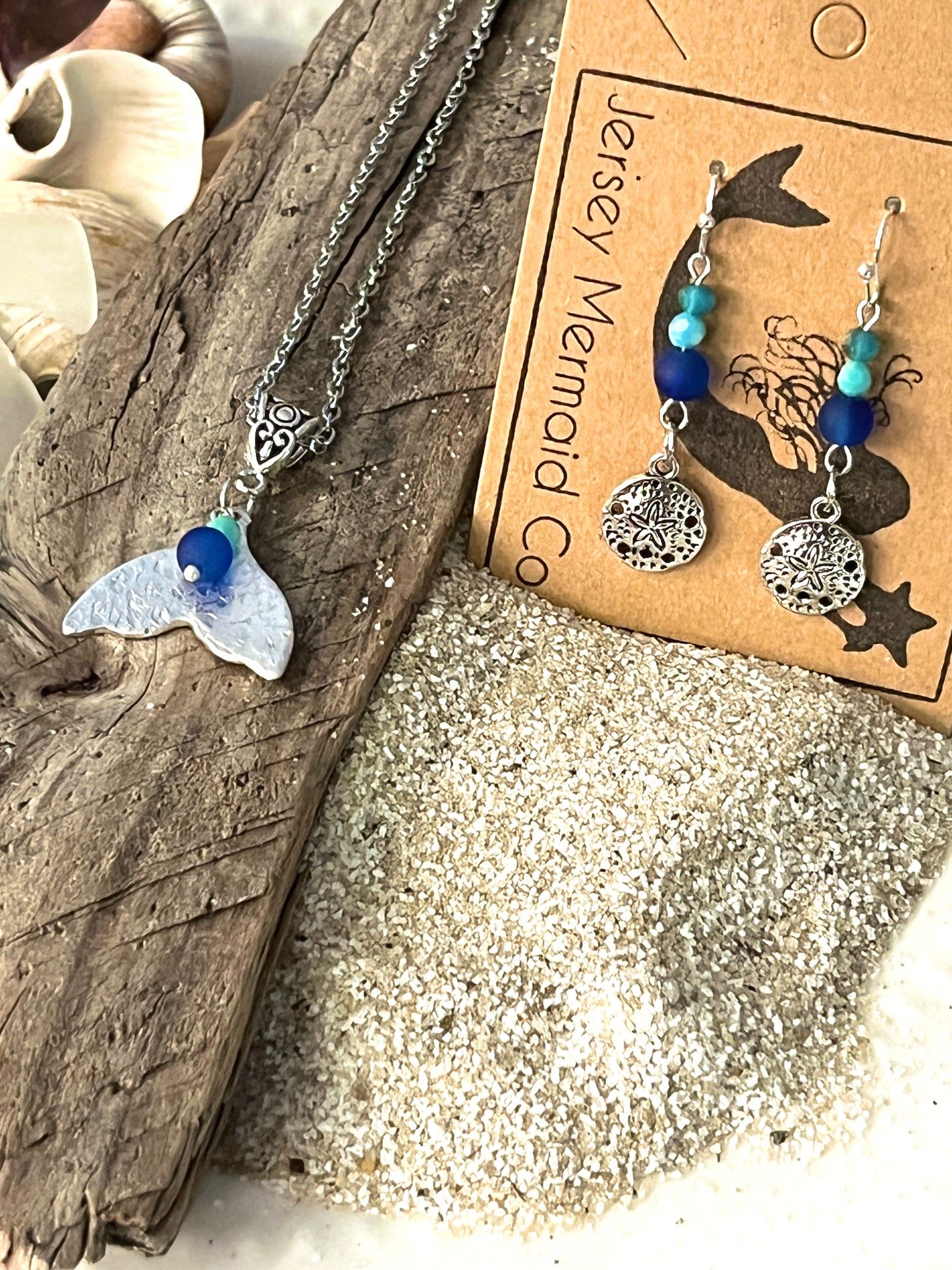 Whale/Mermaid Tail Necklace and Sand Dollar Earring set.