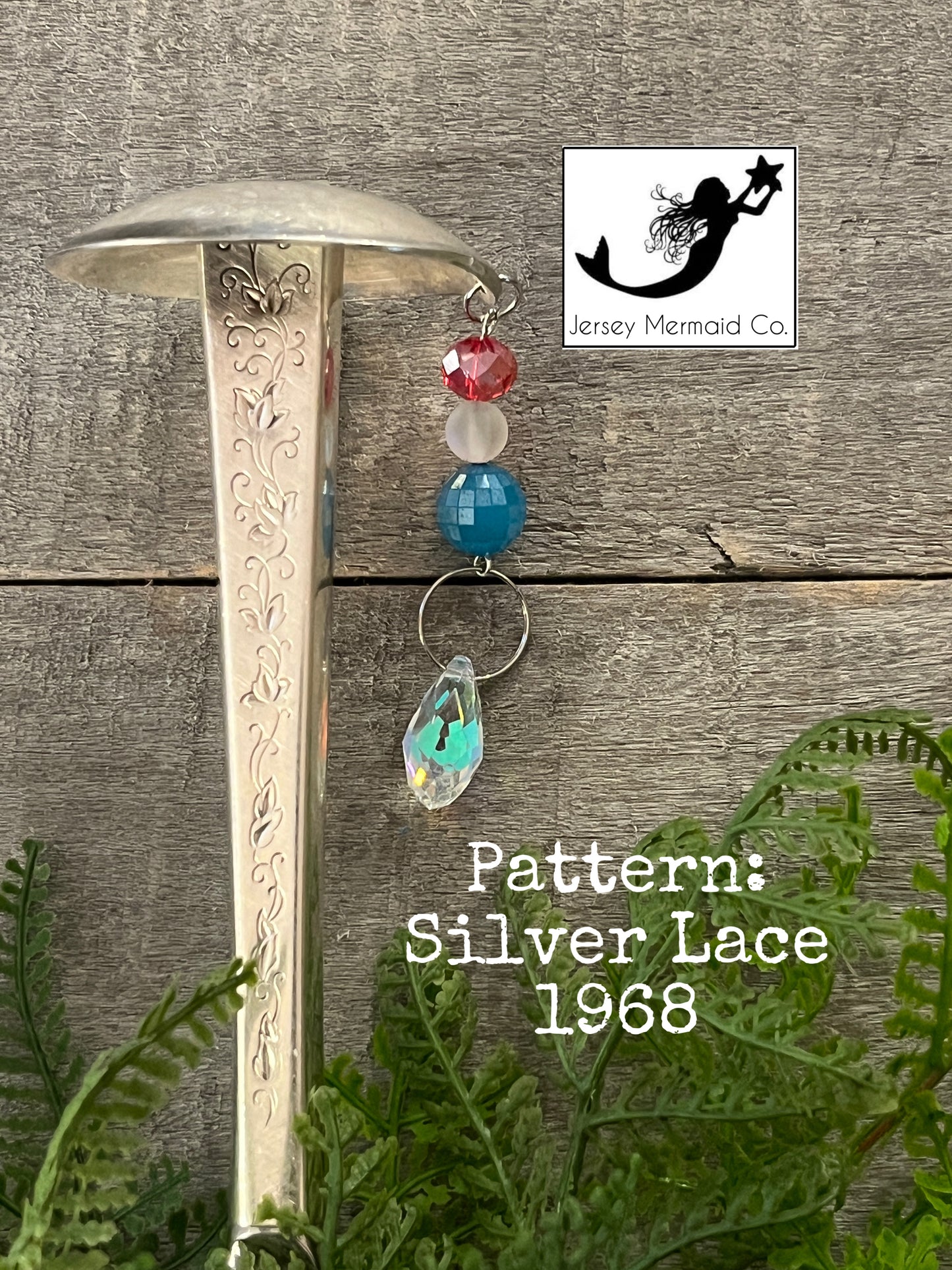 Mushroom Garden Bling- pattern: Silver Lace, vintage 1968 with red,white & blue beads.