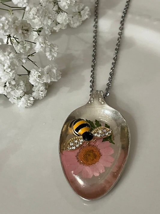Resin Pendant -Pink Flower with Bee