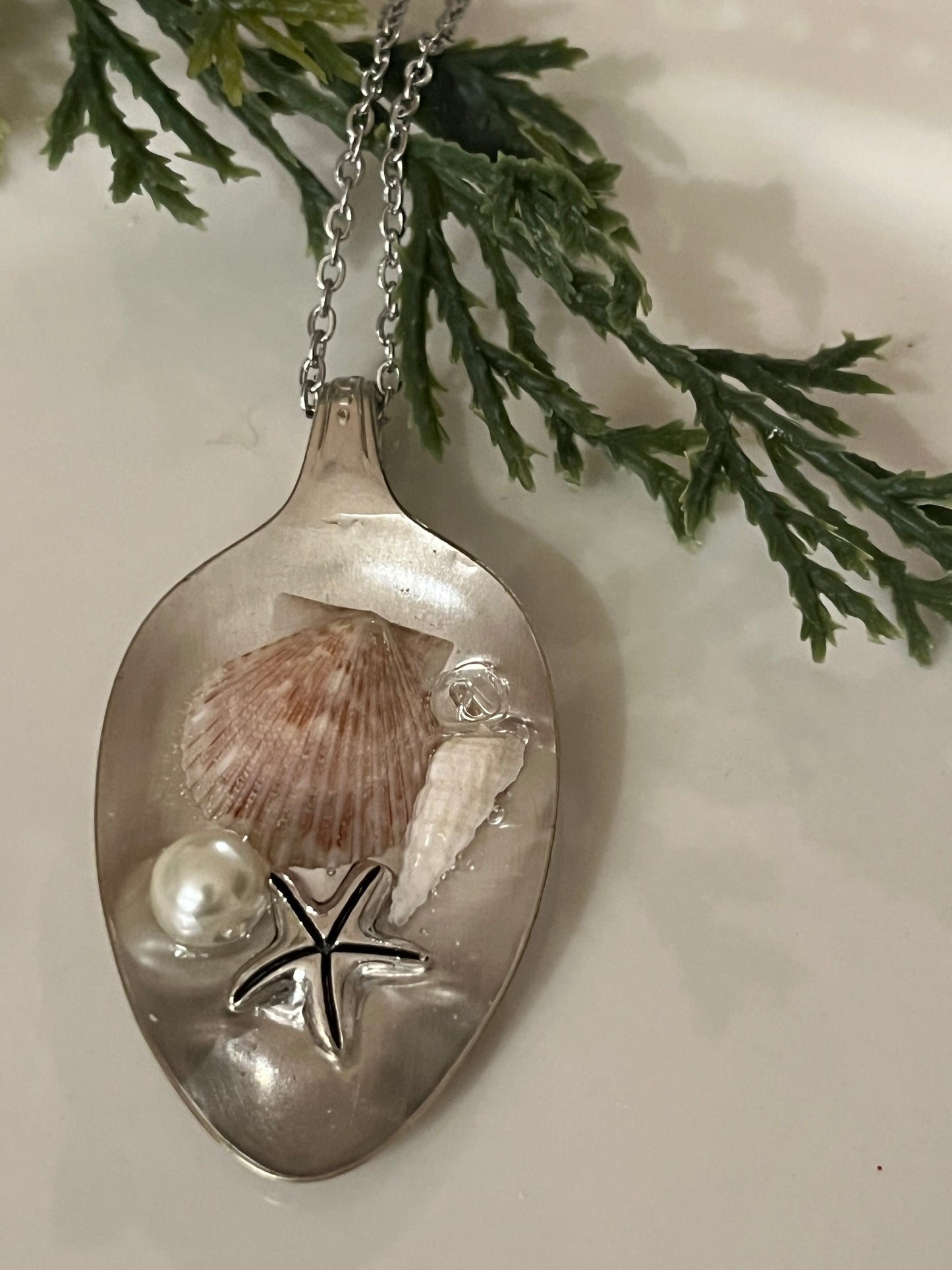 Silver Starfish with shells Resin Pendant