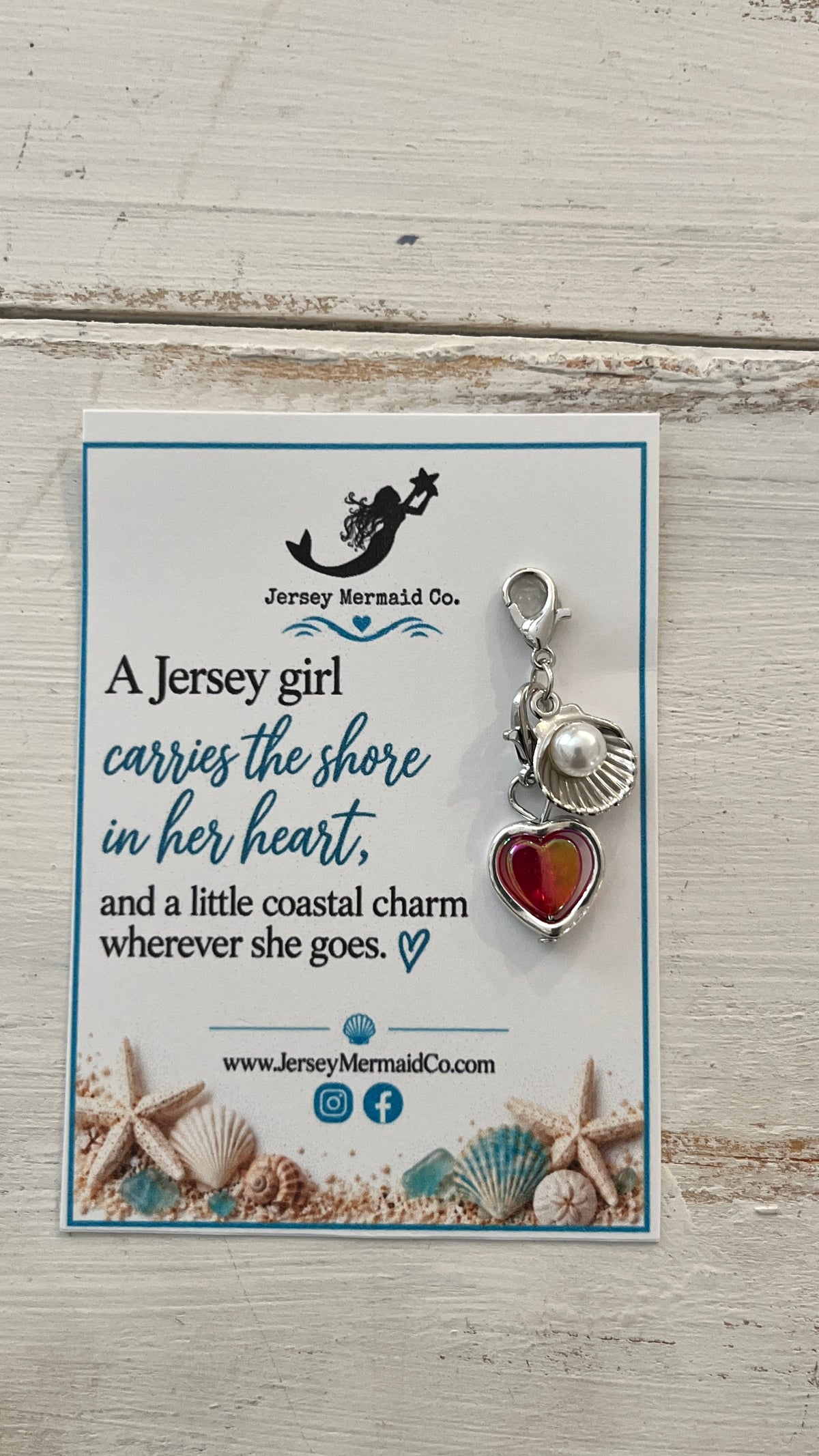 Jersey Girl clip on Charms- silver shell with pearl and heart charm