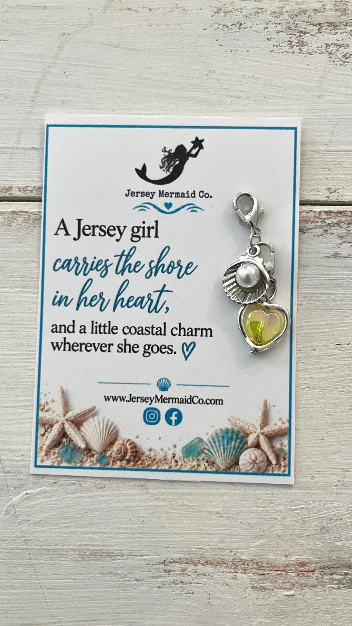 Jersey Girl clip on Charms- silver shell with pearl and heart charm
