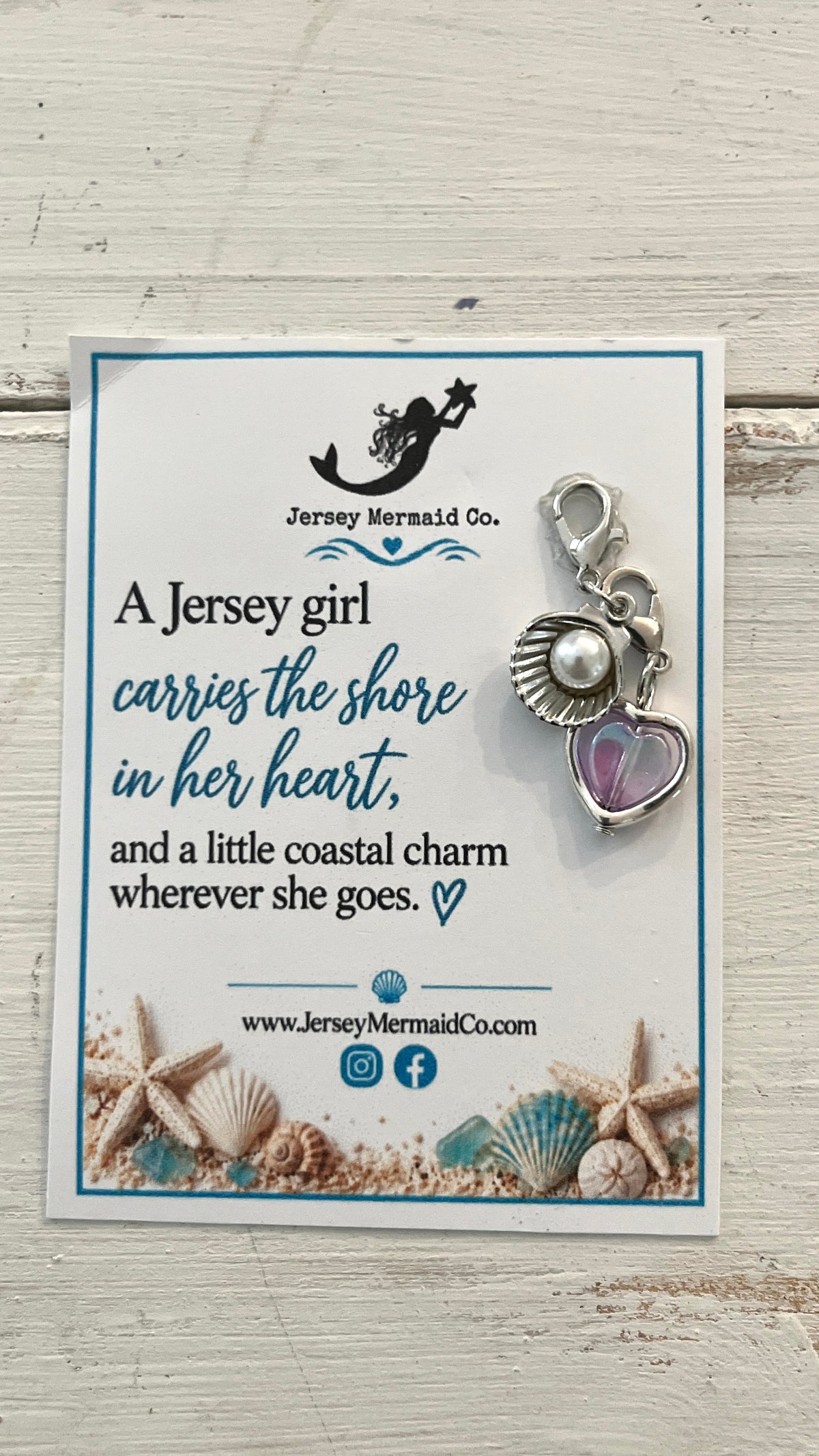 Jersey Girl clip on Charms- silver shell with pearl and heart charm
