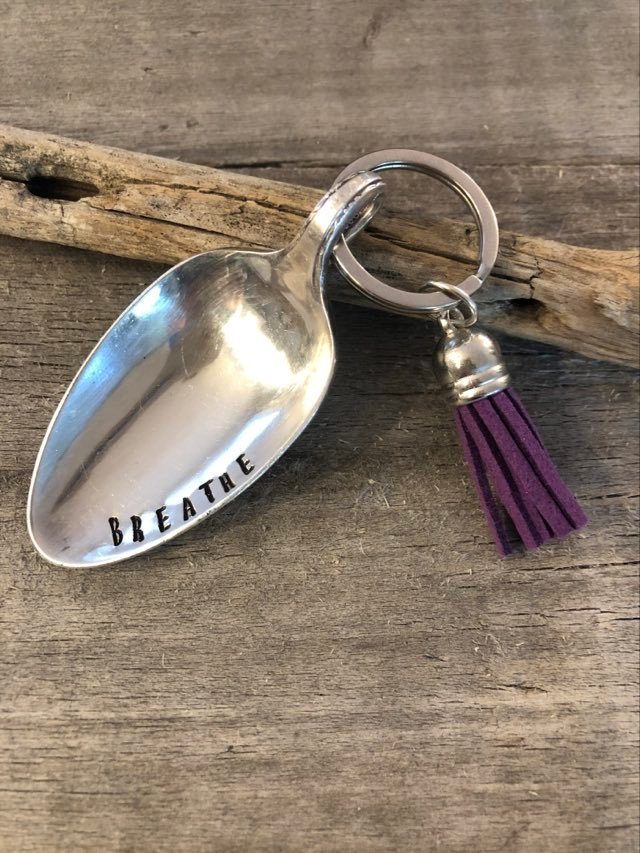 The Calming Spoon  Hand Stamped with "BREATHE" Keychain - with tassel