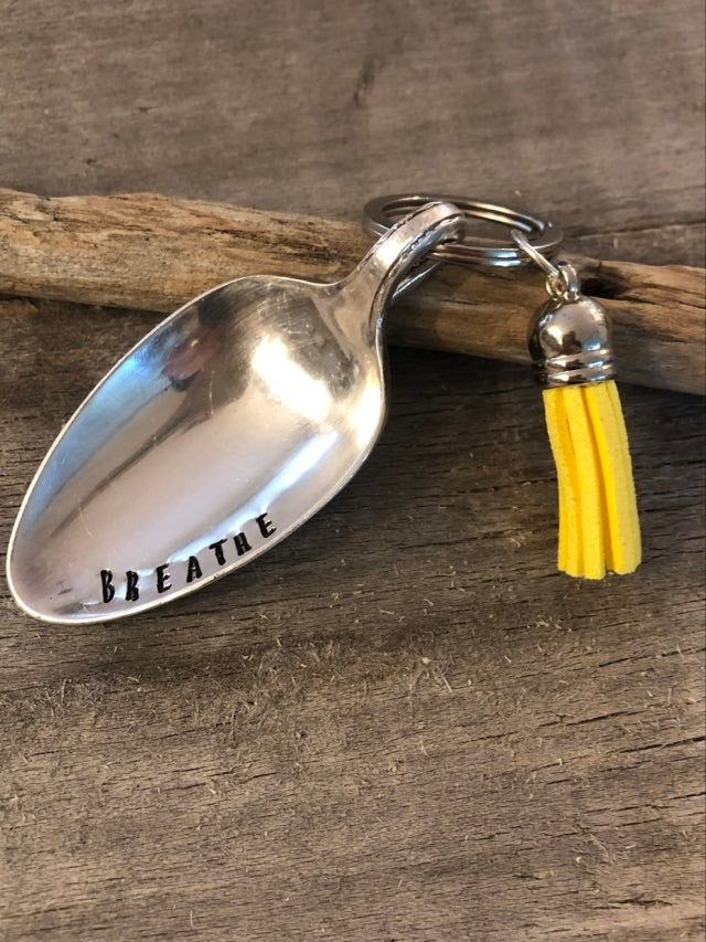 The Calming Spoon  Hand Stamped with "BREATHE" Keychain - with tassel