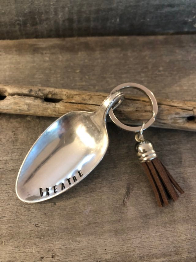 The Calming Spoon  Hand Stamped with "BREATHE" Keychain - with tassel