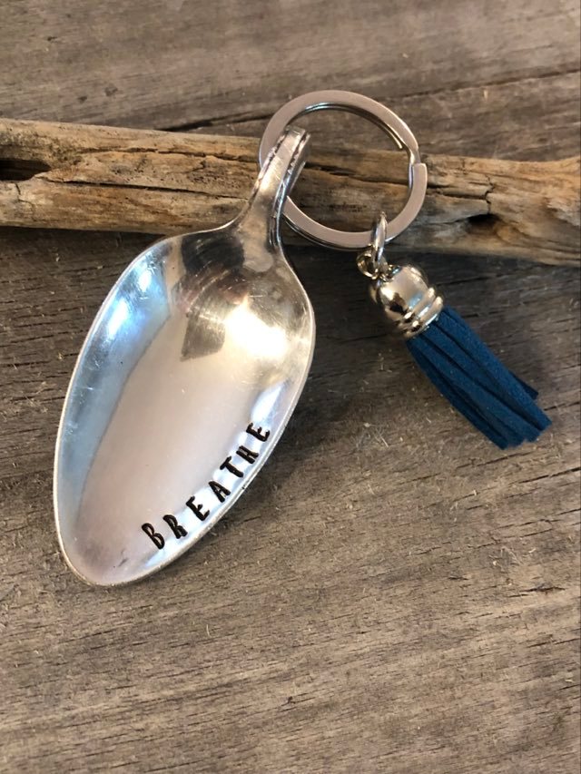 The Calming Spoon  Hand Stamped with "BREATHE" Keychain - with tassel