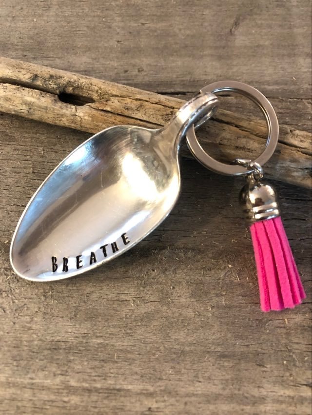 The Calming Spoon  Hand Stamped with "BREATHE" Keychain - with tassel