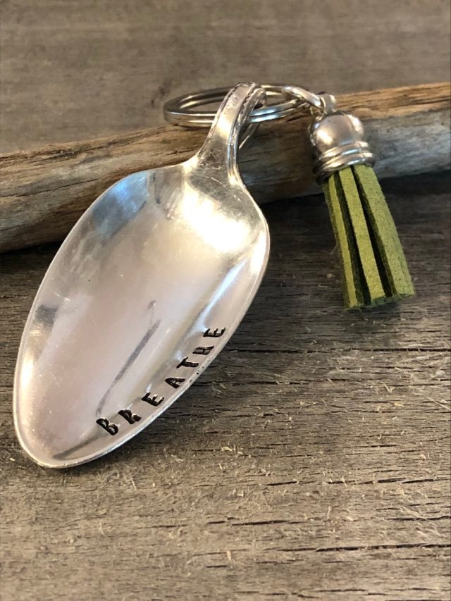 The Calming Spoon  Hand Stamped with "BREATHE" Keychain - with tassel