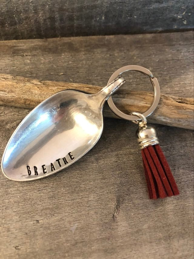 The Calming Spoon  Hand Stamped with "BREATHE" Keychain - with tassel